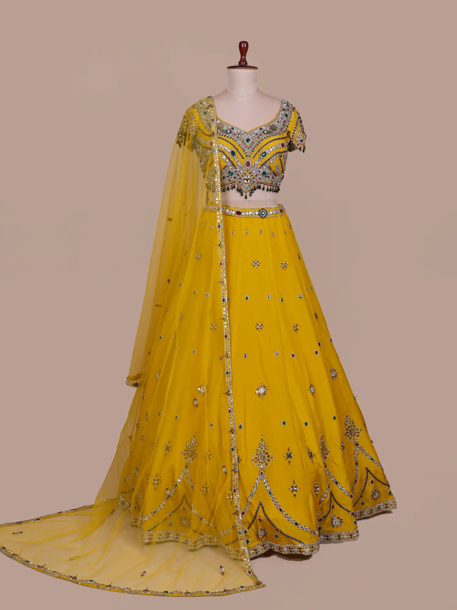 Buy Yellow Designer Haldi Lehenga Choli In Shimmer Silk With Crystal Brooch Glam