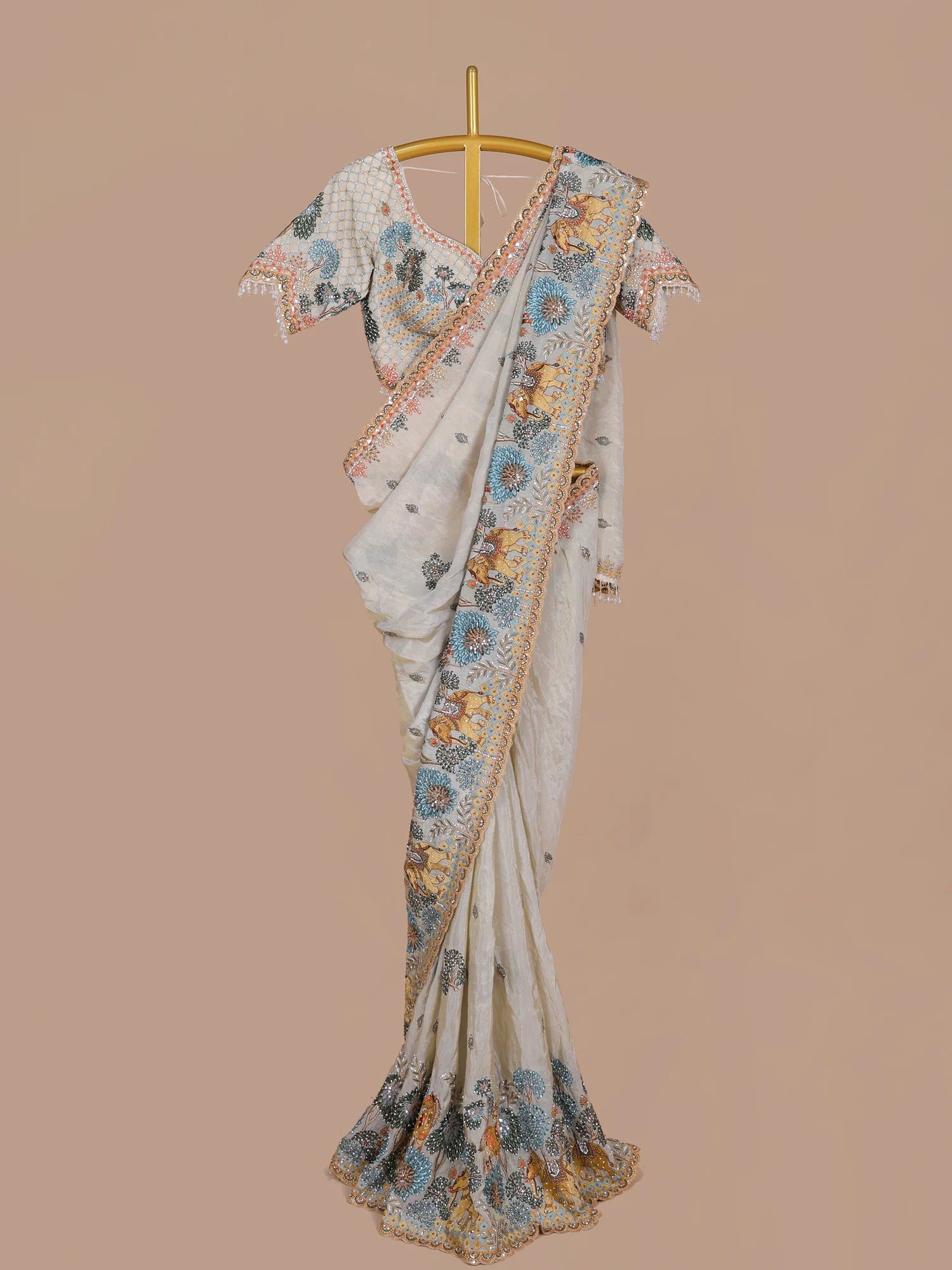 Buy Cream Organza Designer Saree With Exquisite Diamond Embroidery