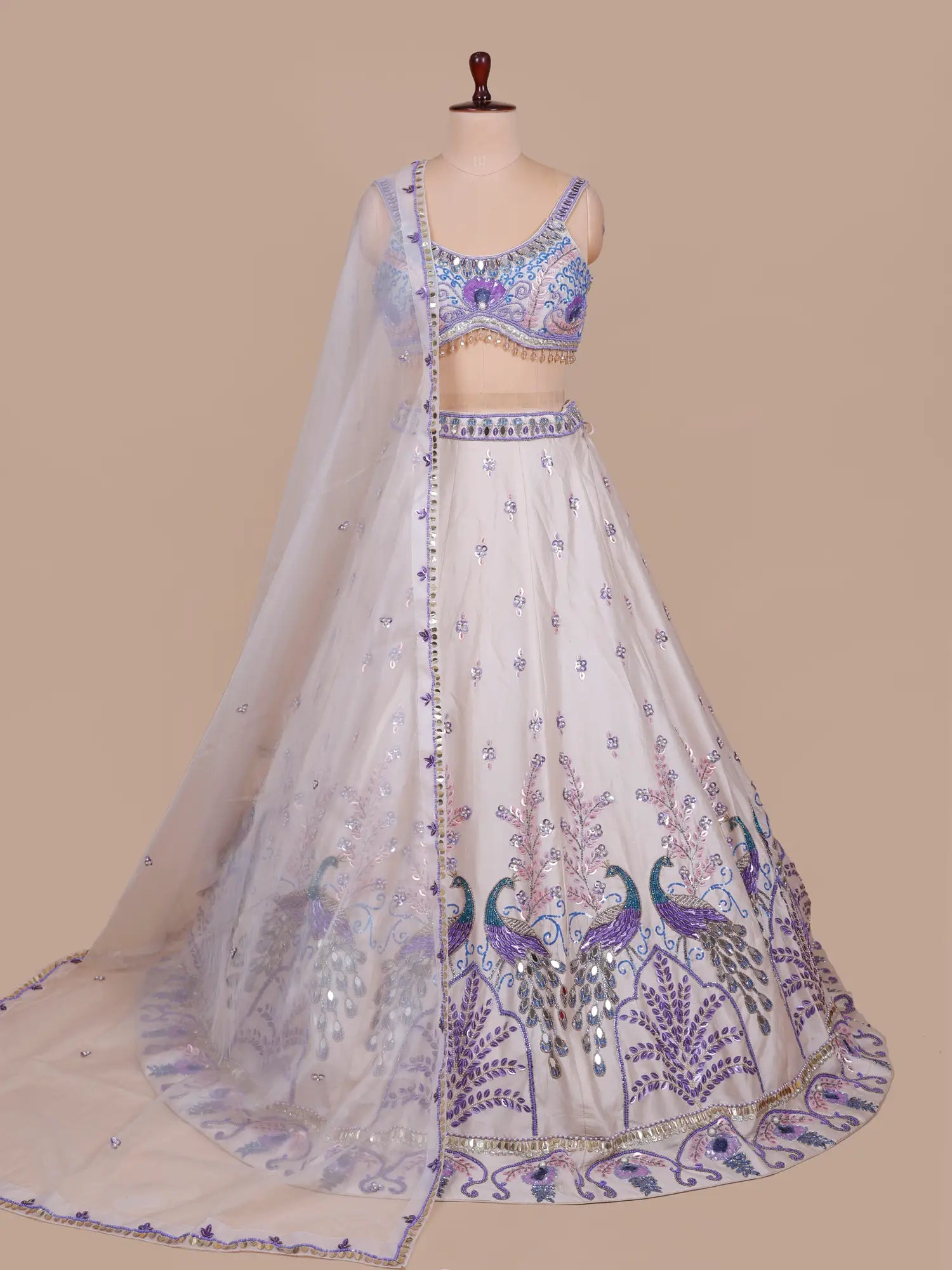 Luxury Celebrity Inspired Ivory Silk Lehenga with Mirror Work for Weddings