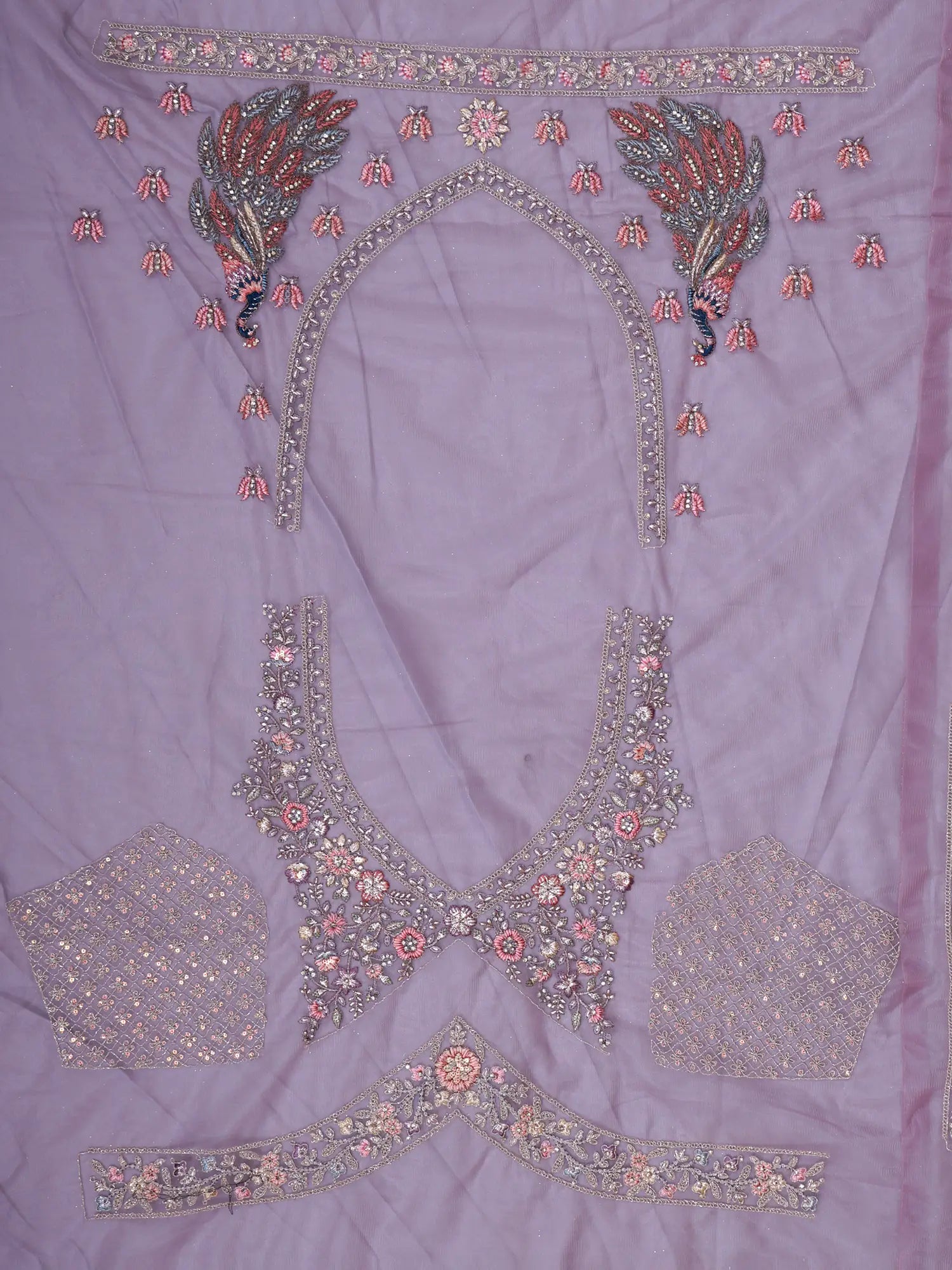 Lavender Designer Net Unstitched Lehenga Showcasing Signature Peacock Embroidery