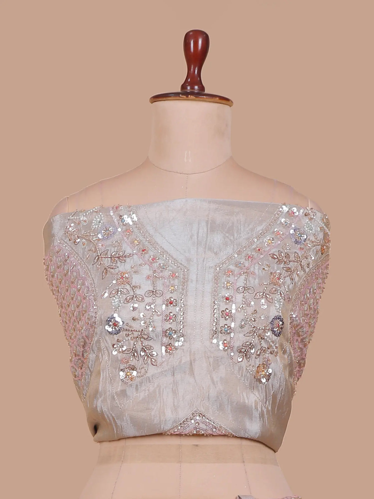 Light Beige Shimmer Organza Lehenga Embellished in Floral Pearl Detailing