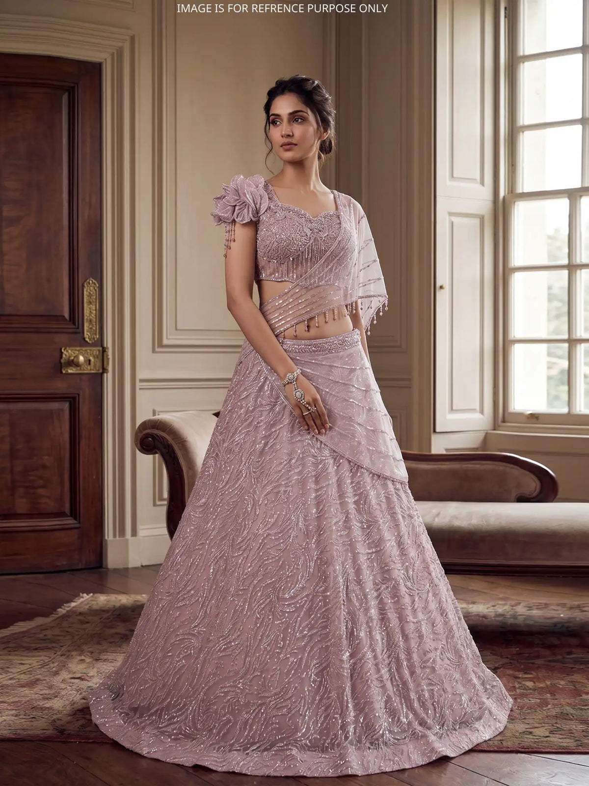 Luxury Light Pink Net Drape Lehenga with 3D Floral Shoulder Detailing