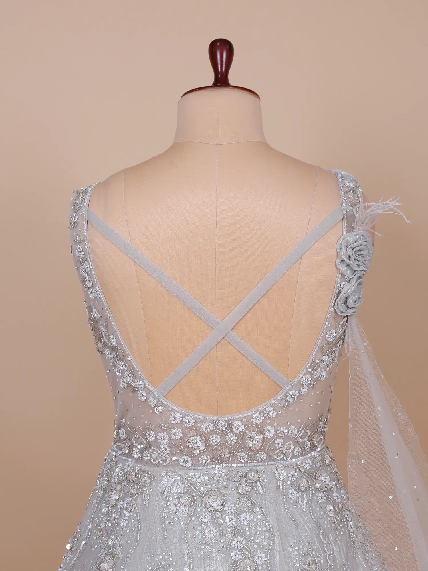 Premium Light Silver Wedding Wear Gown with Diamond Work and Elegant Look