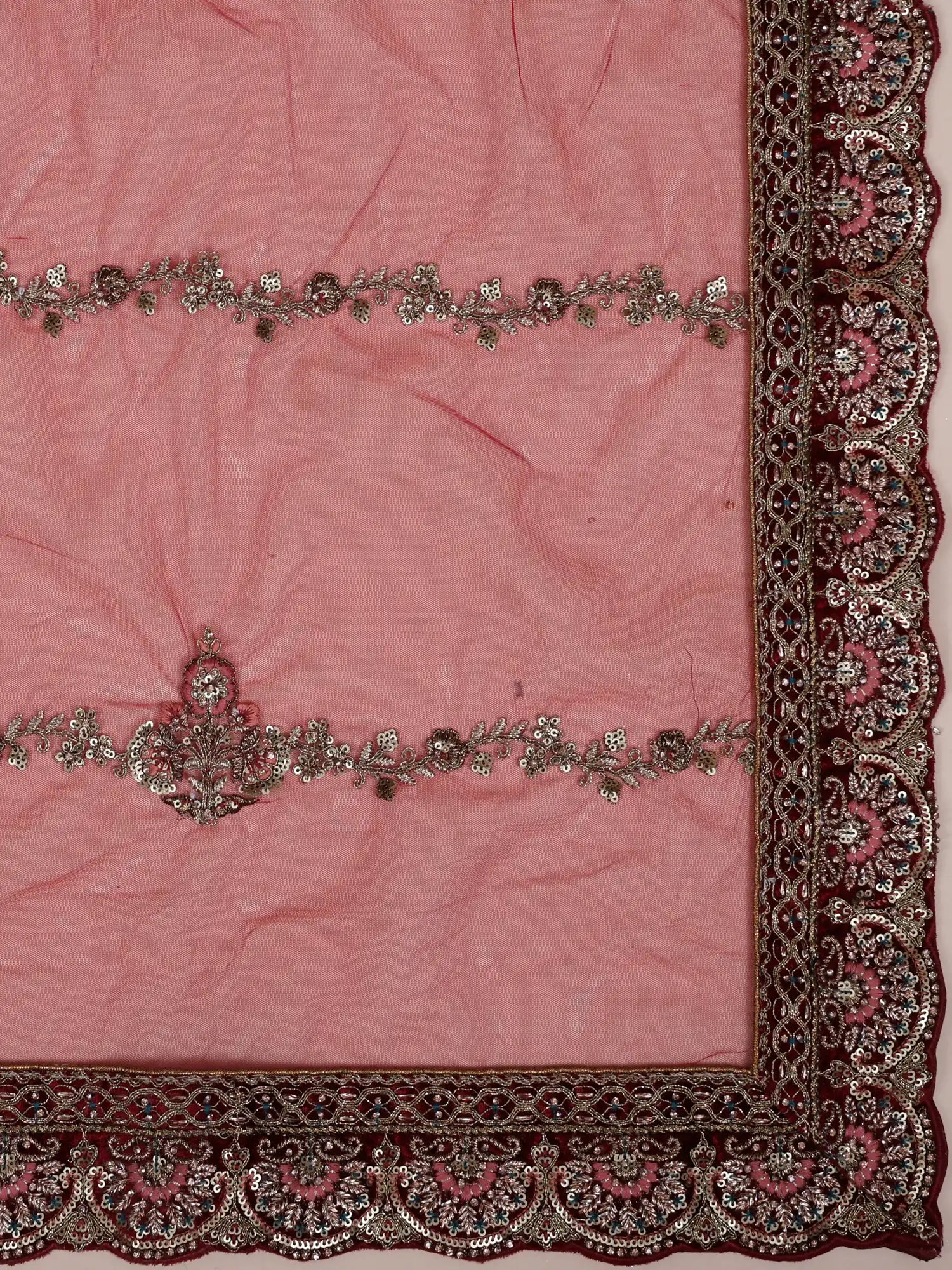 Maroon Unstitched Velvet Bridal Lehenga With Diamond Thread Craft