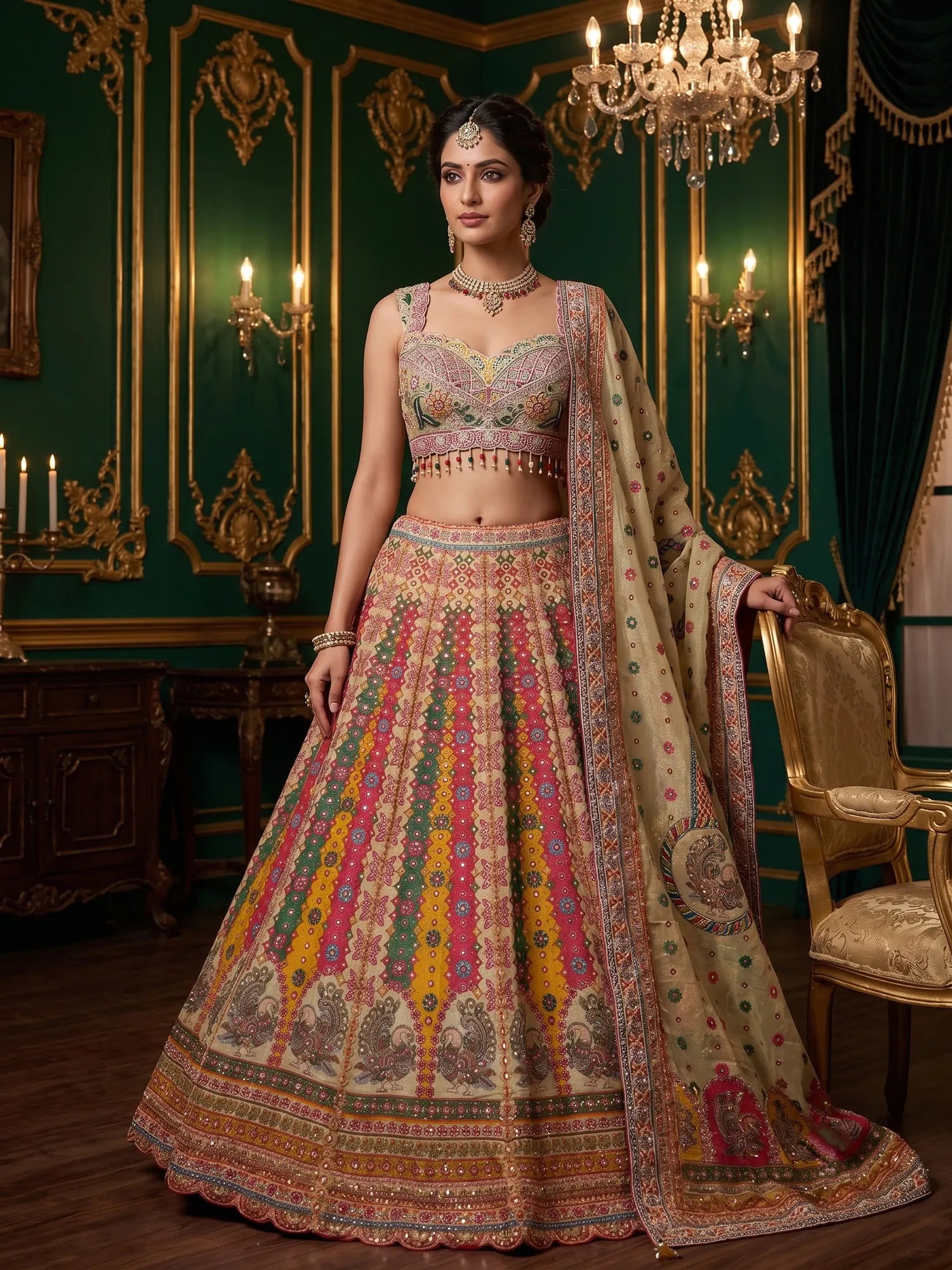 Luxury Multi Color Printed Silk Lehenga With Diamond Work