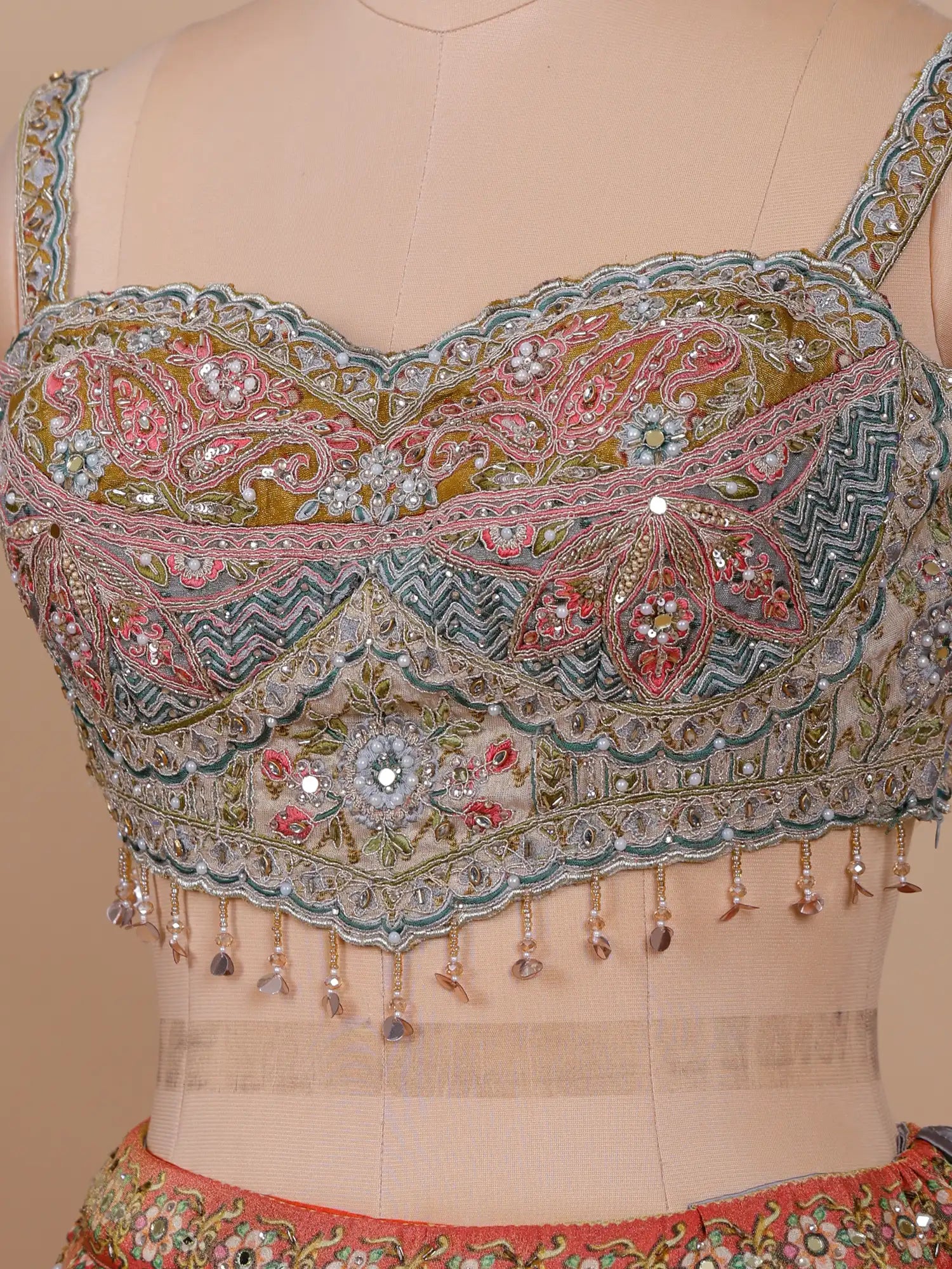 Premium Luxury Multi Color Silk Lehenga Pearl Diamond Detailing
