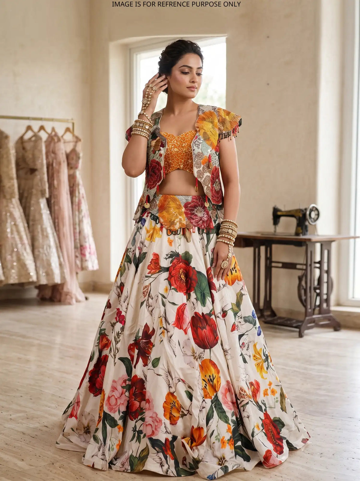 Luxury Multicolor Floral Silk Lehenga with Beaded Jacket