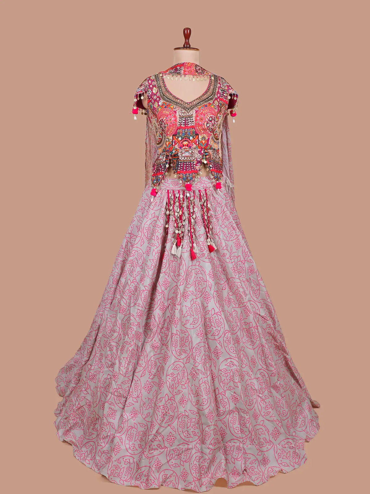 Exotic Multicolor Silk Lehenga with Mirror Work and Unique Tassels