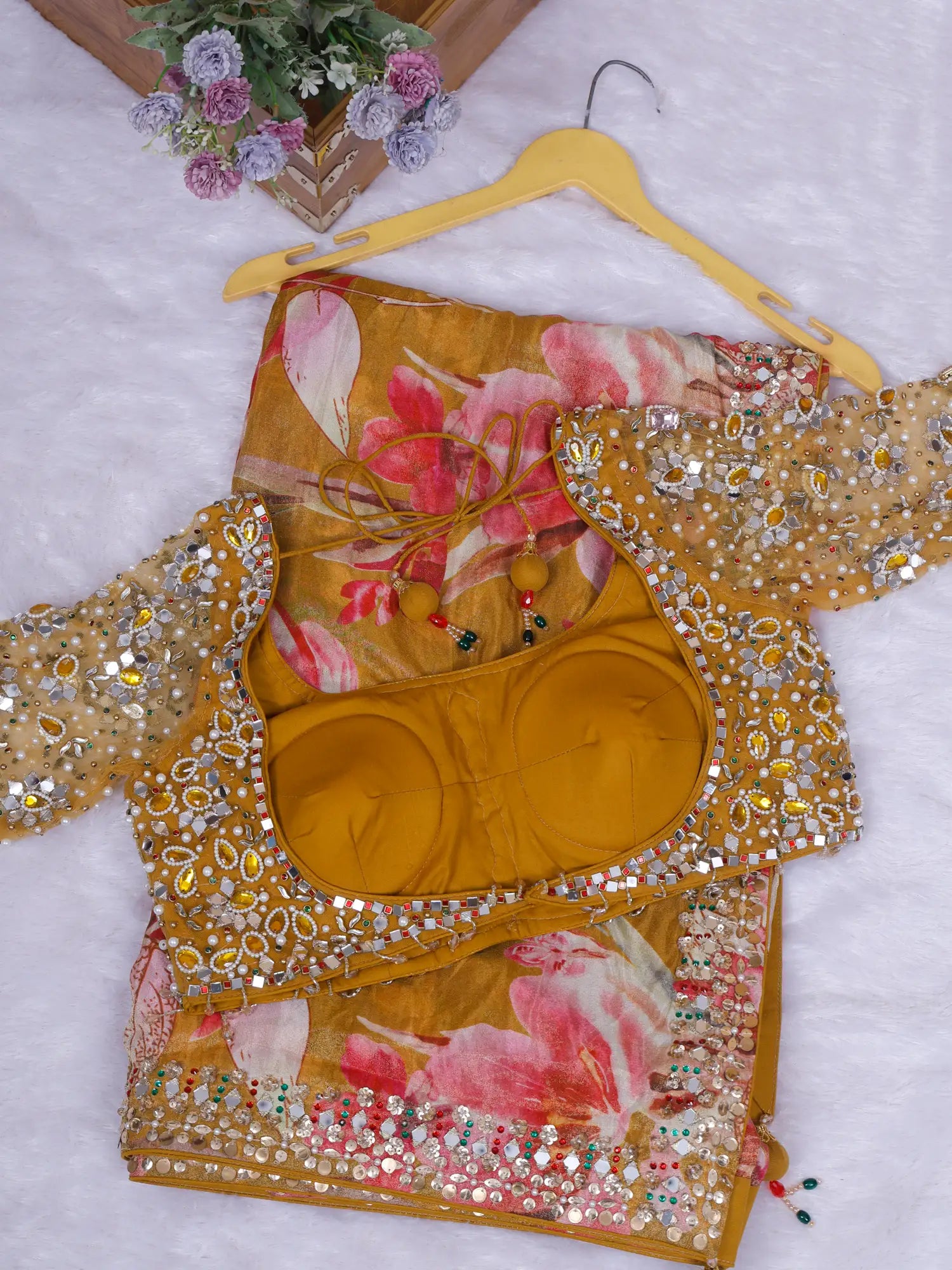 Explore Prestige Mustard Crepe Saree Online With Designer Embellishments