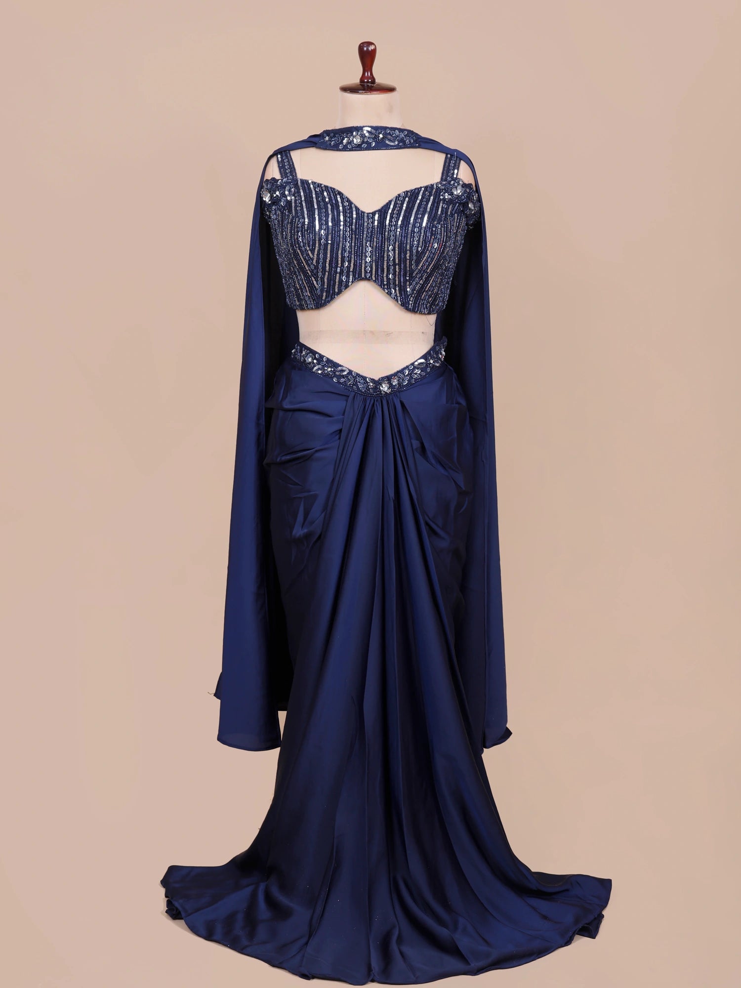 Buy Affordable Navy Blue Pre Draped Saree For Party Wear