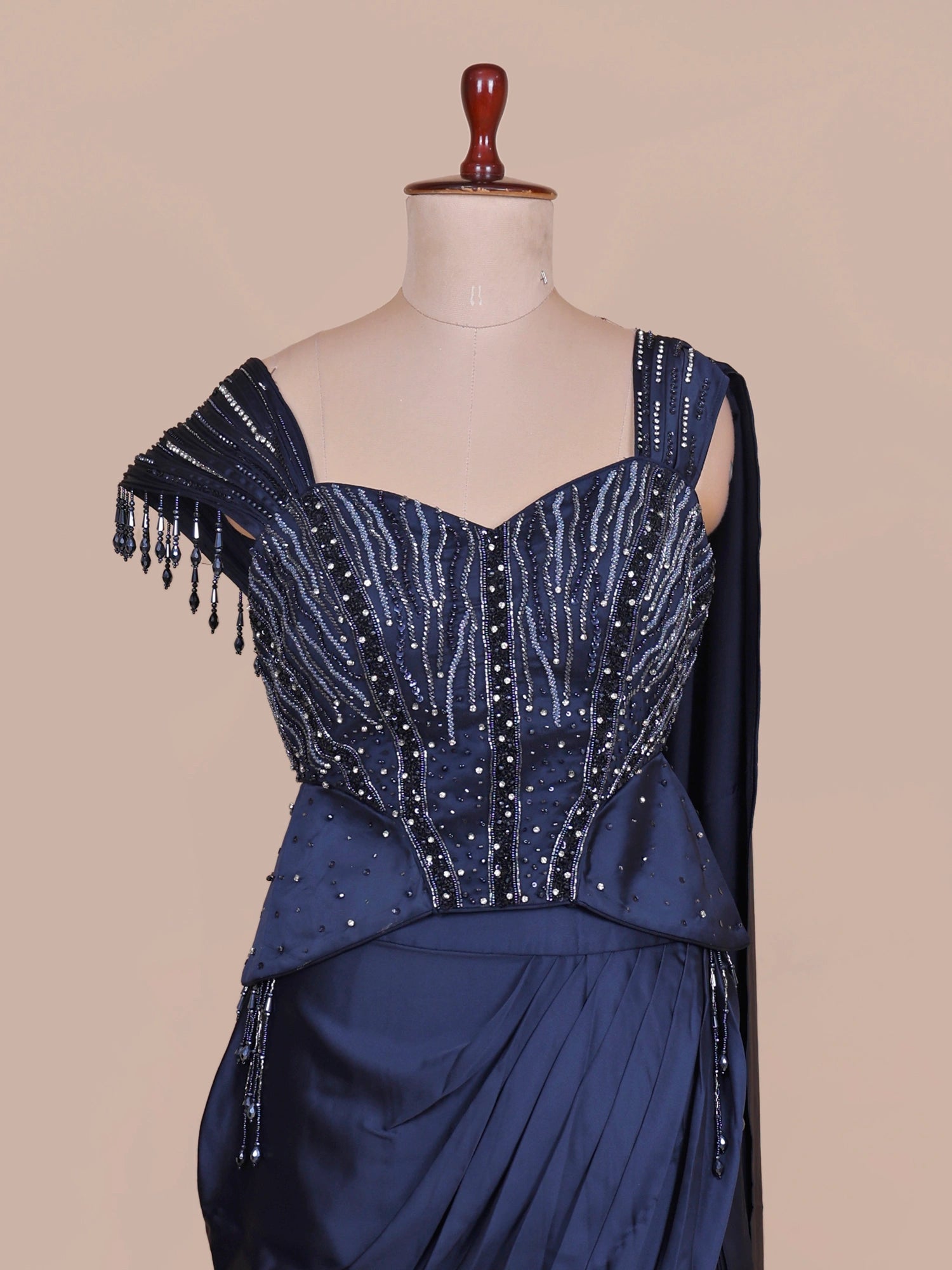 Navy Blue Modern Satin Silk Indo Western Saree With Signature Diamond Moti Detailing