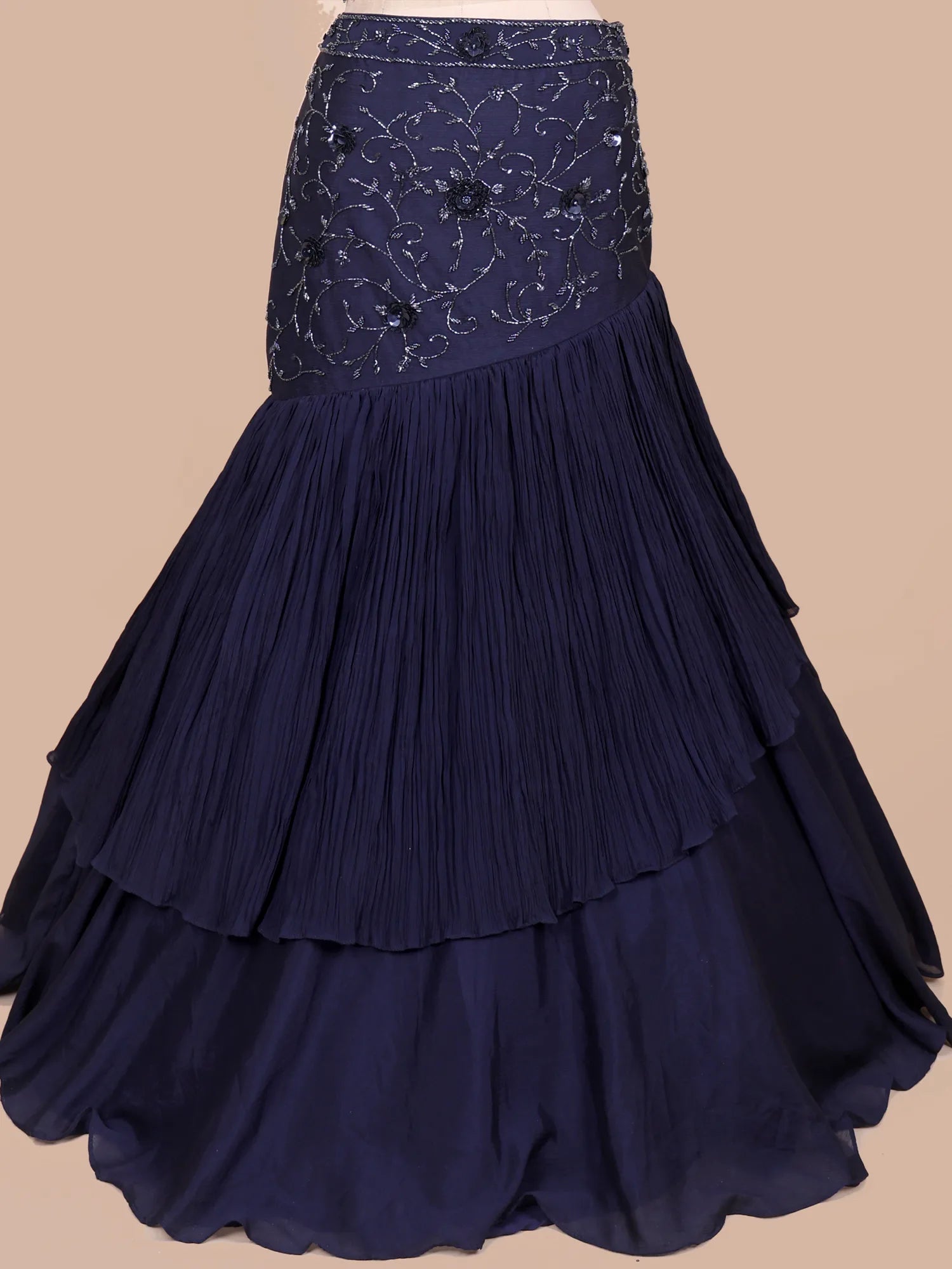 Navy Blue Couture Chinon Fishcut Lehenga With Light-Catching Crystal Work