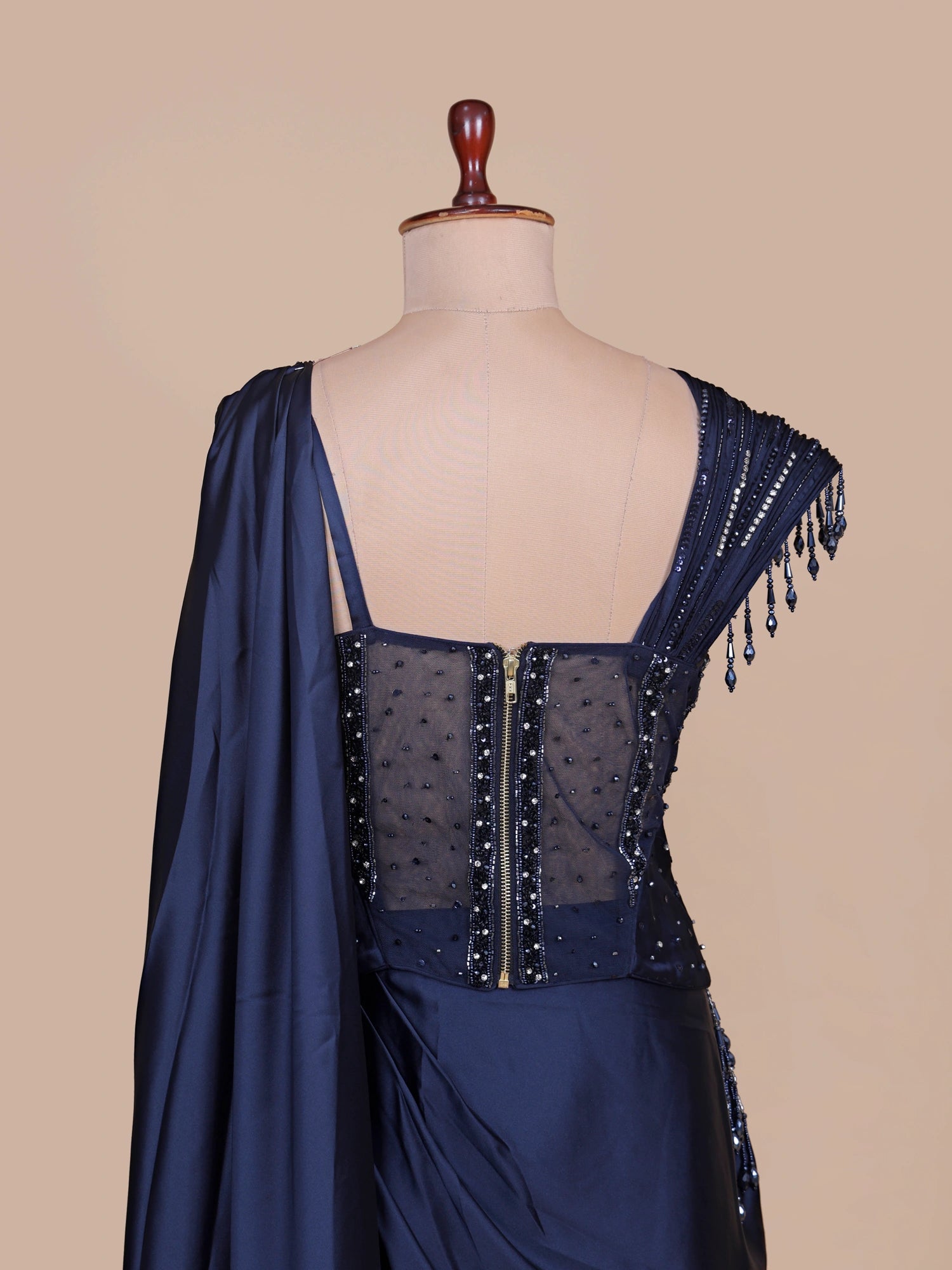 Navy Blue Modern Satin Silk Indo Western Saree With Signature Diamond Moti Detailing