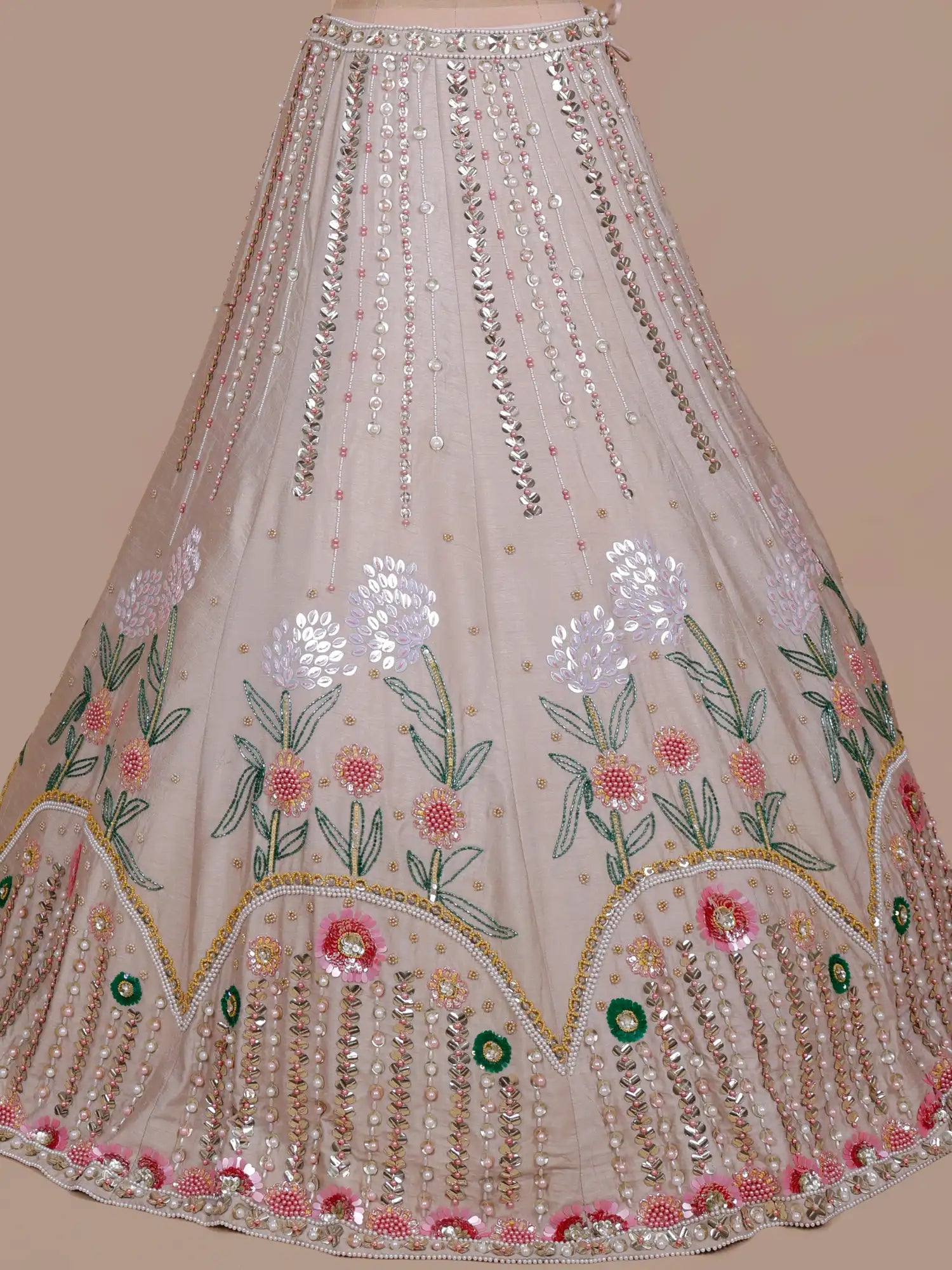 Exclusive Biscuit Color PDP Inspired Silk Lehenga With Crystal Sequin Craft
