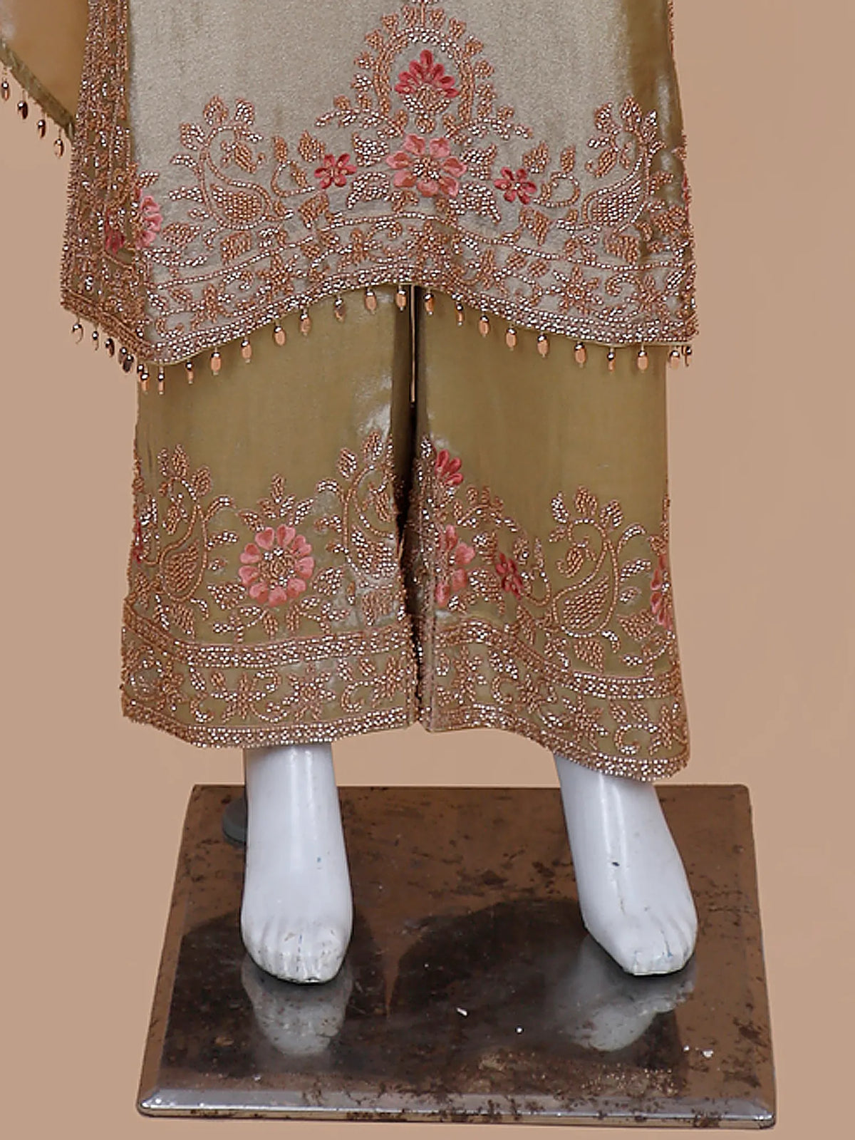 Mehendi Organza Luxury Salwar Suit with Pink Floral Bead Embroidery