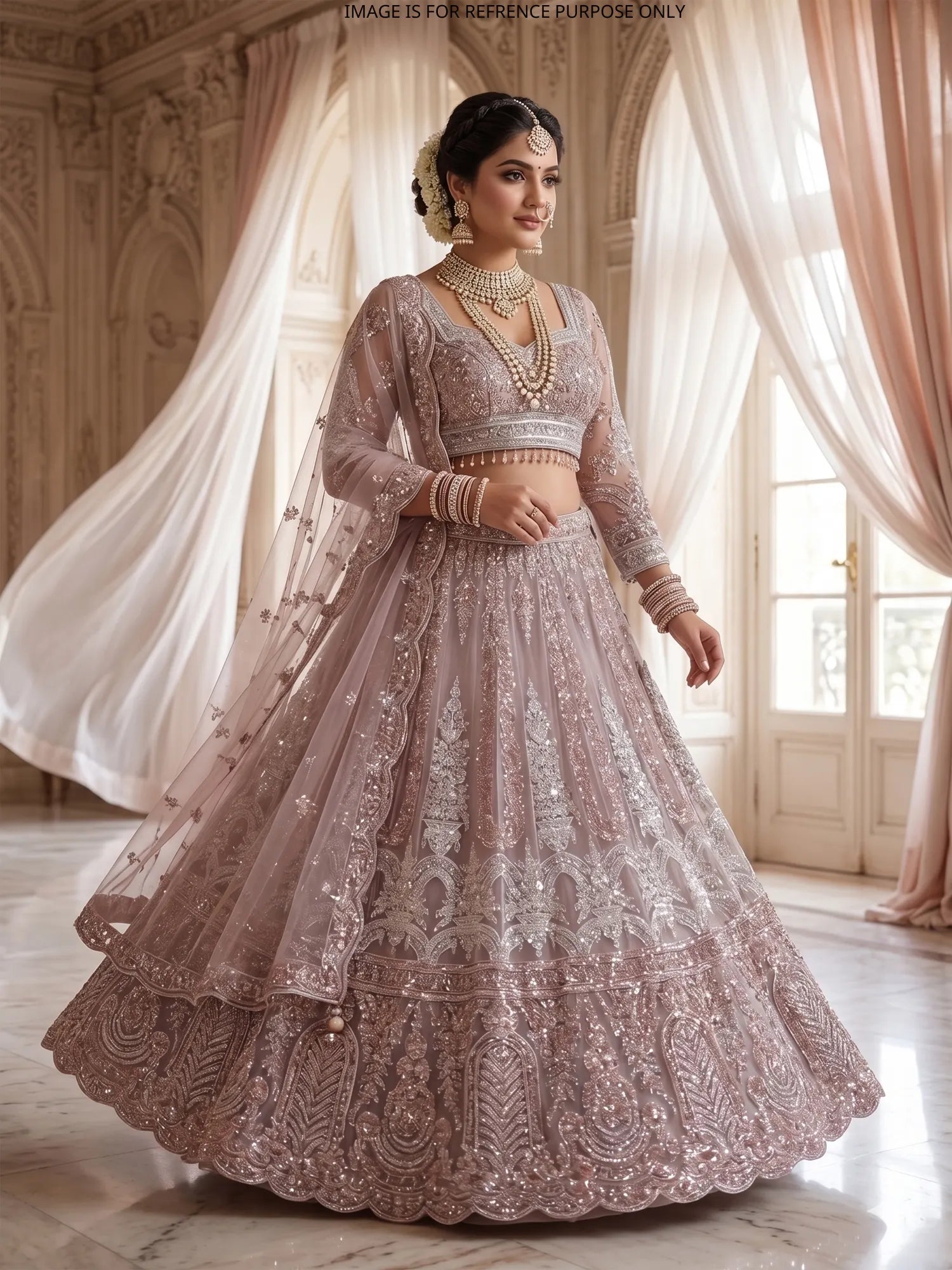 Luxury Party Wear Onion Pink Net Lehenga With Diamond Work