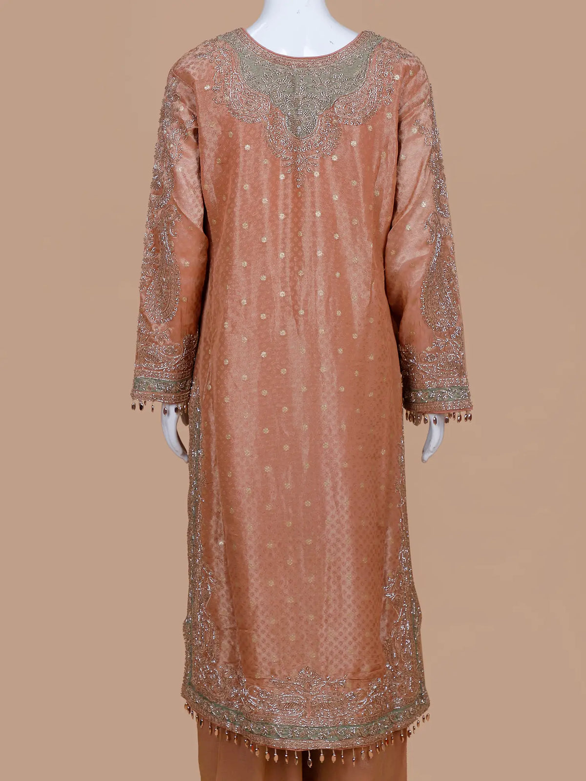 Peach Luxury Designer Suit Featuring Statement Chest Tassel and Silver Work