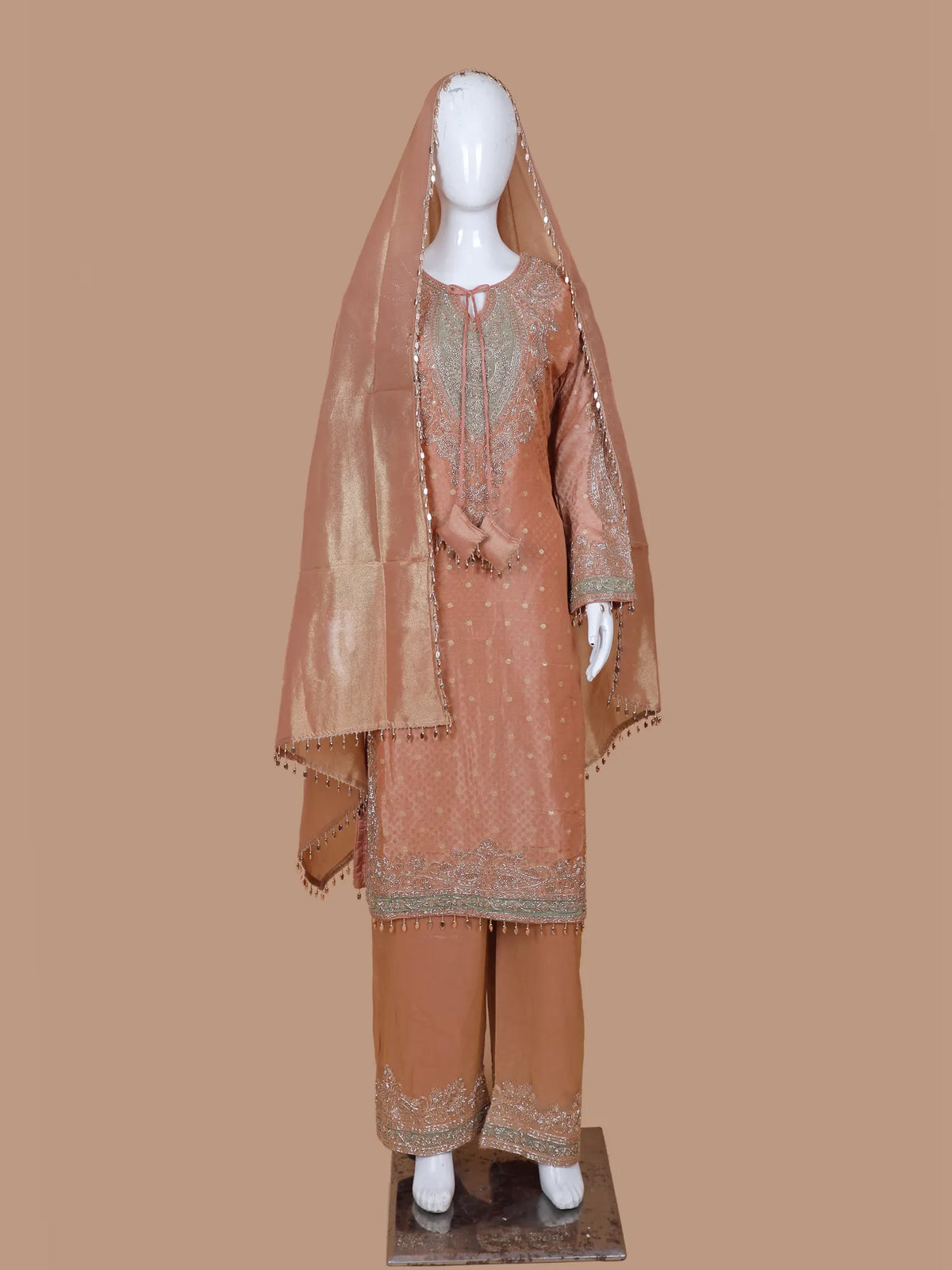 Peach Luxury Designer Suit Featuring Statement Chest Tassel and Silver Work