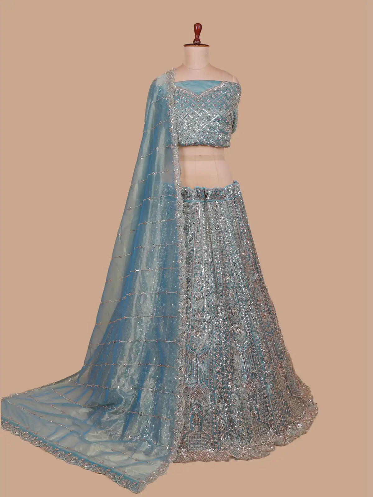 Glamorous Peacock Blue Shimmer Organza Unstitched Lehenga with Sequin Work