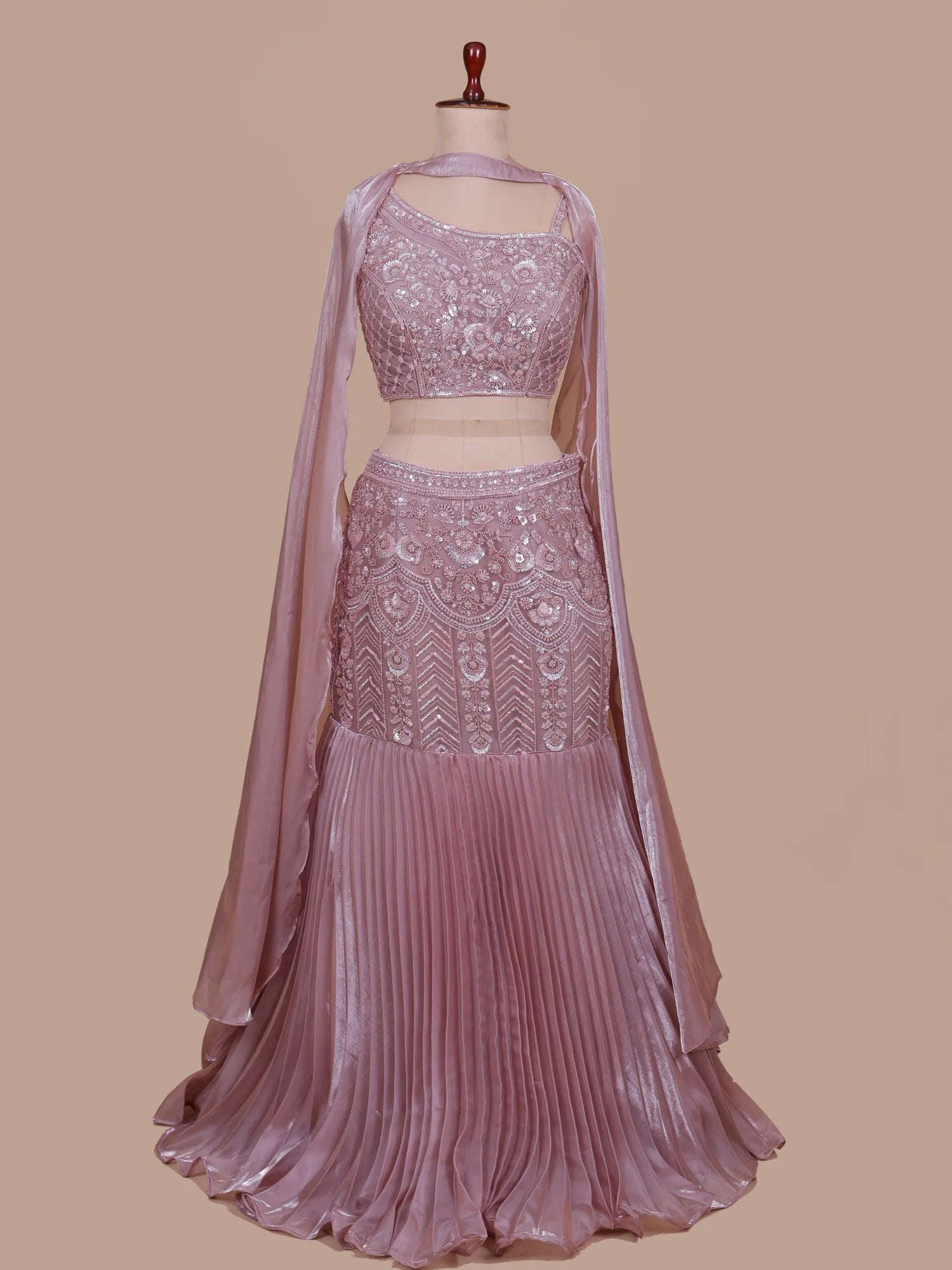 Get Affordable Onion Pink Organza Fishcut Designer Lehenga For Special Occasions