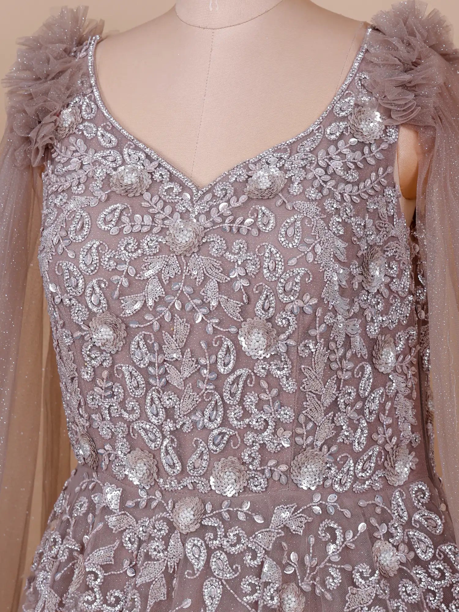Onion Pink Designer Net Gown With Attached Dupatta and Sleeve Draping