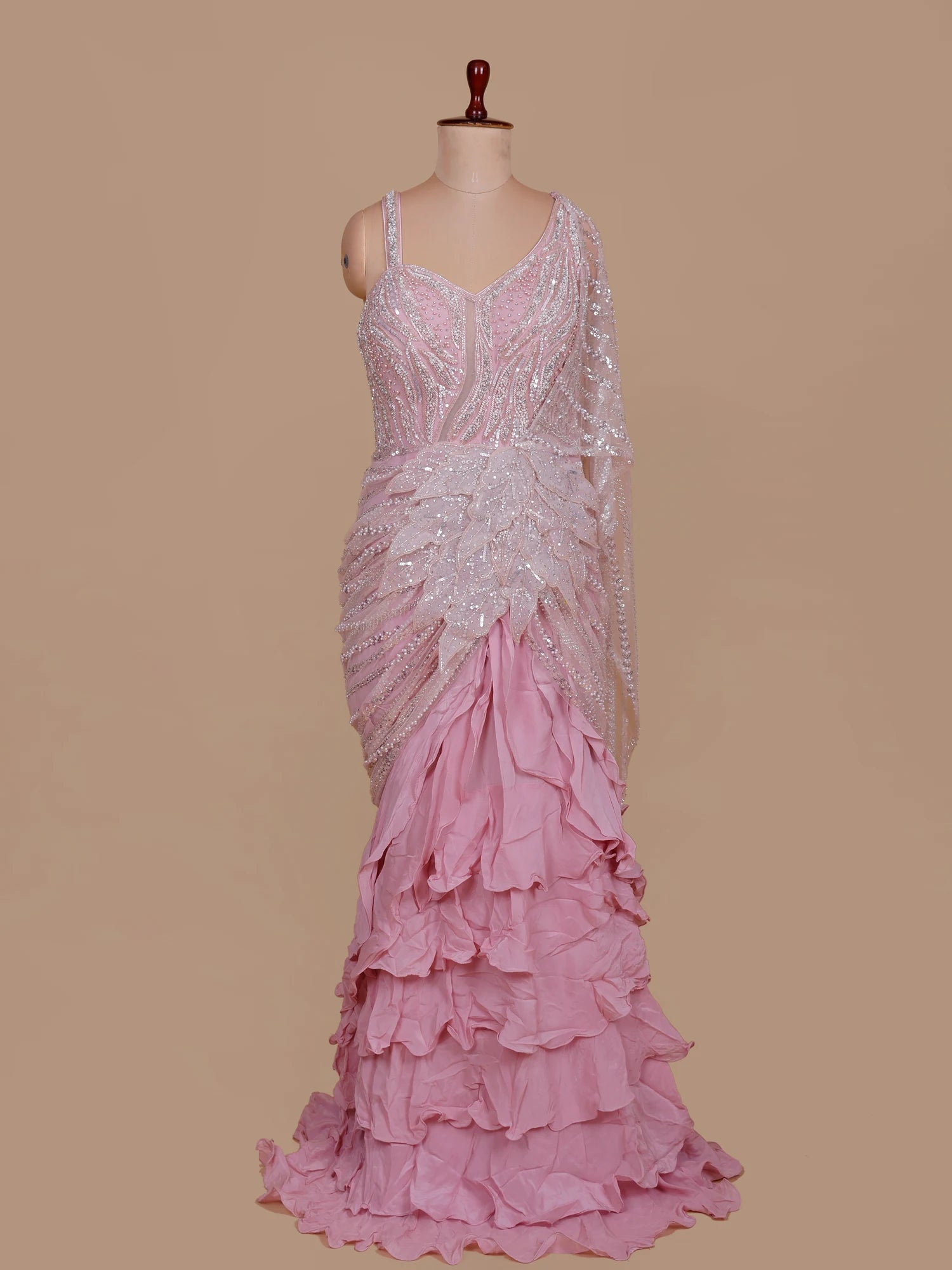 Pink Pre-Draped Silk Saree With Modern Diamond Embellishment