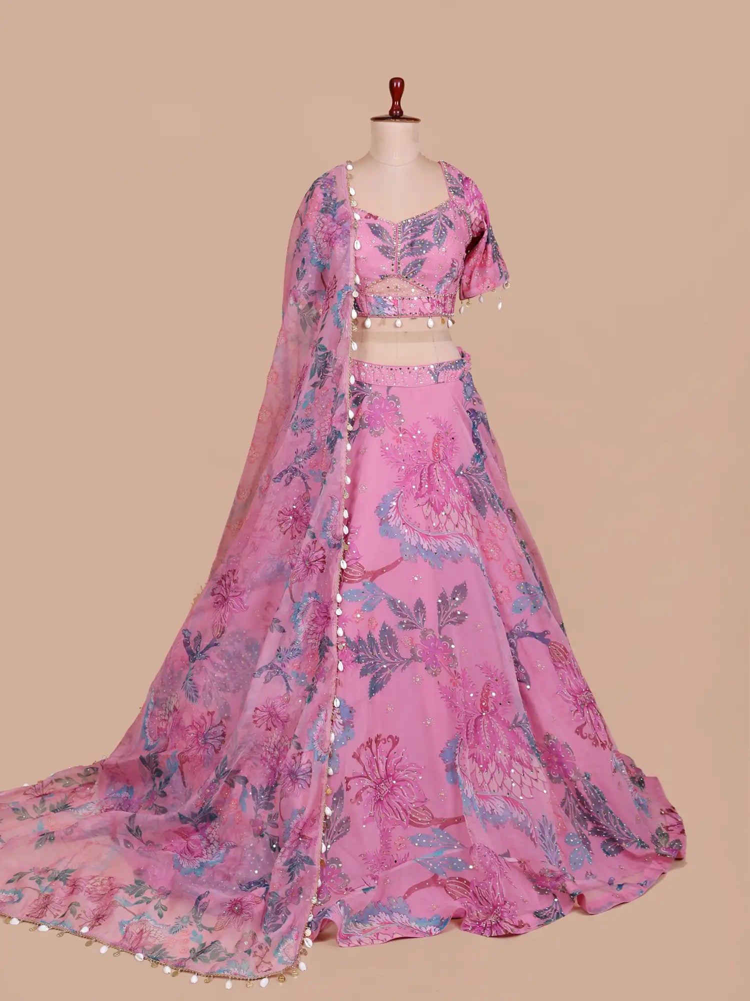Buy Pink Silk Designer Lehenga Showcasing Floral Print And Pearl Work
