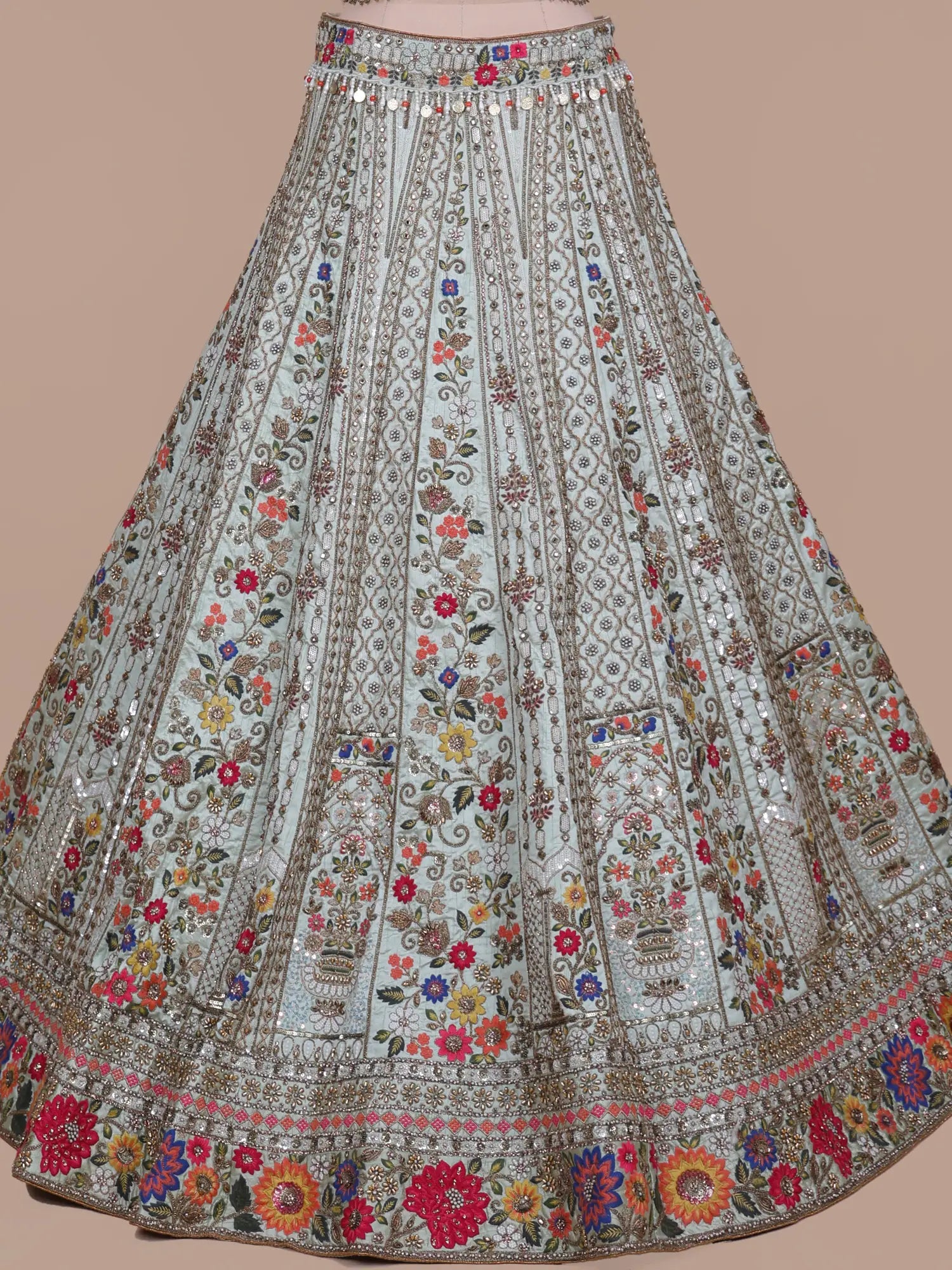 Pista Green Silk Designer Lehenga Covered In Floral Thread Embroidery
