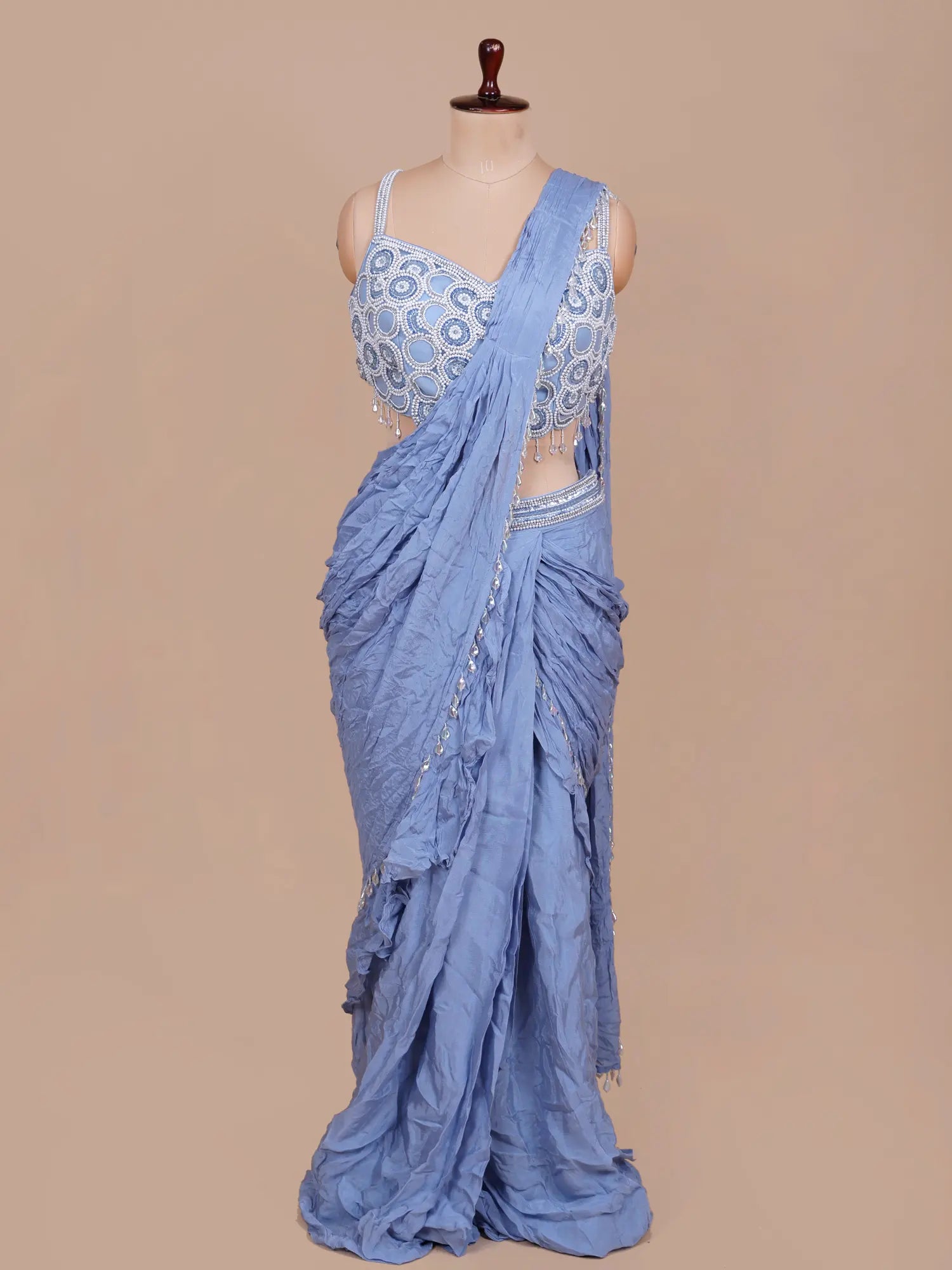 Designer Powder Blue Pre Draped Saree For Party Wear
