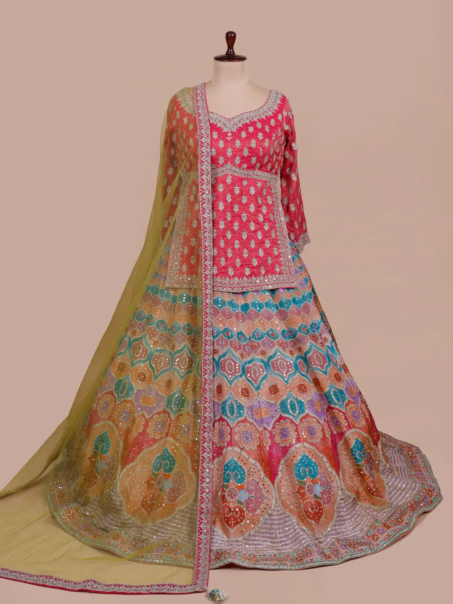 Buy Iconic Printed Silk Peplum Lehenga With Elegant Heritage Work