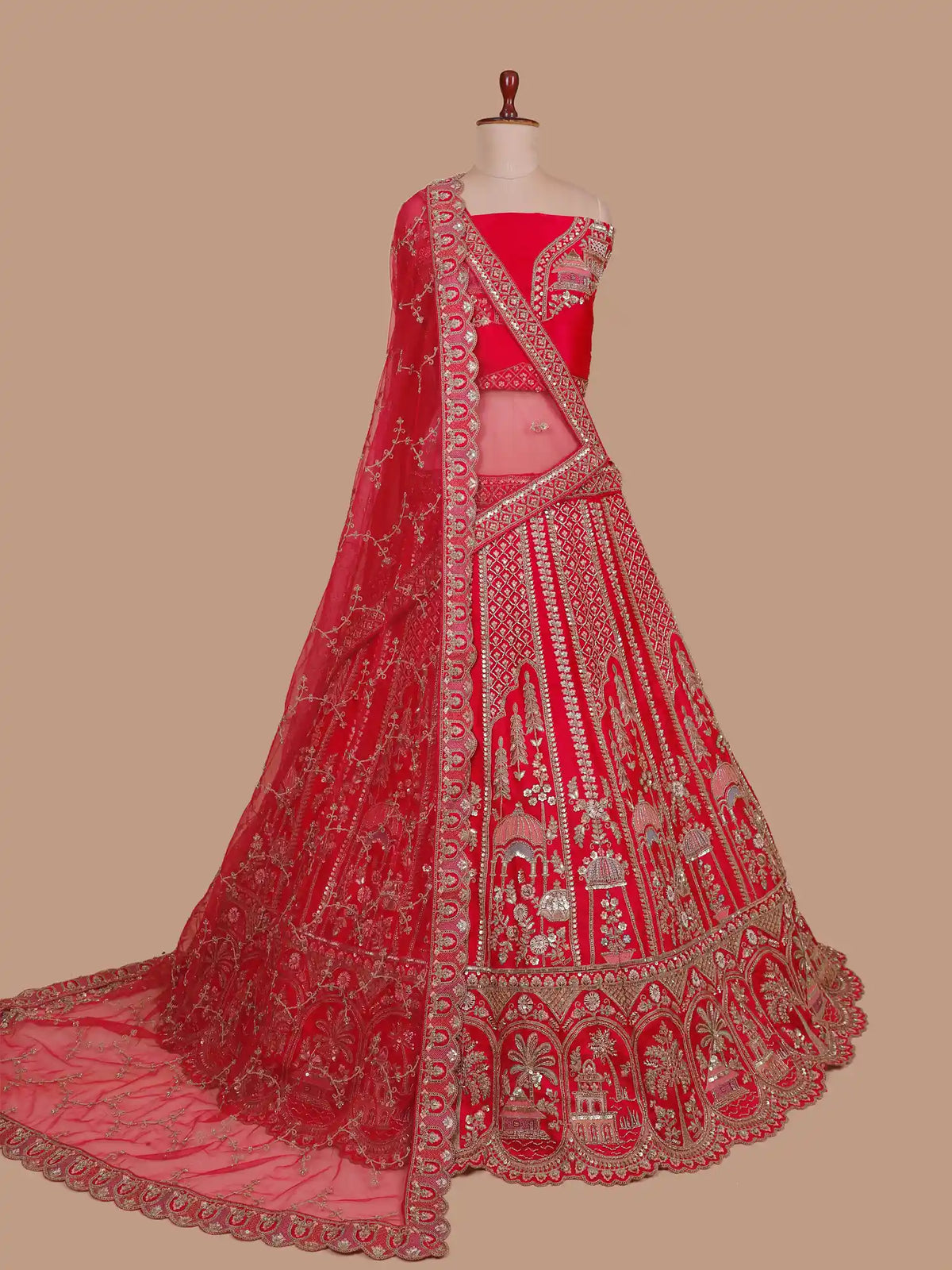 Red Silk Bridal Lehenga Featuring Architectural Zari and Threadwork
