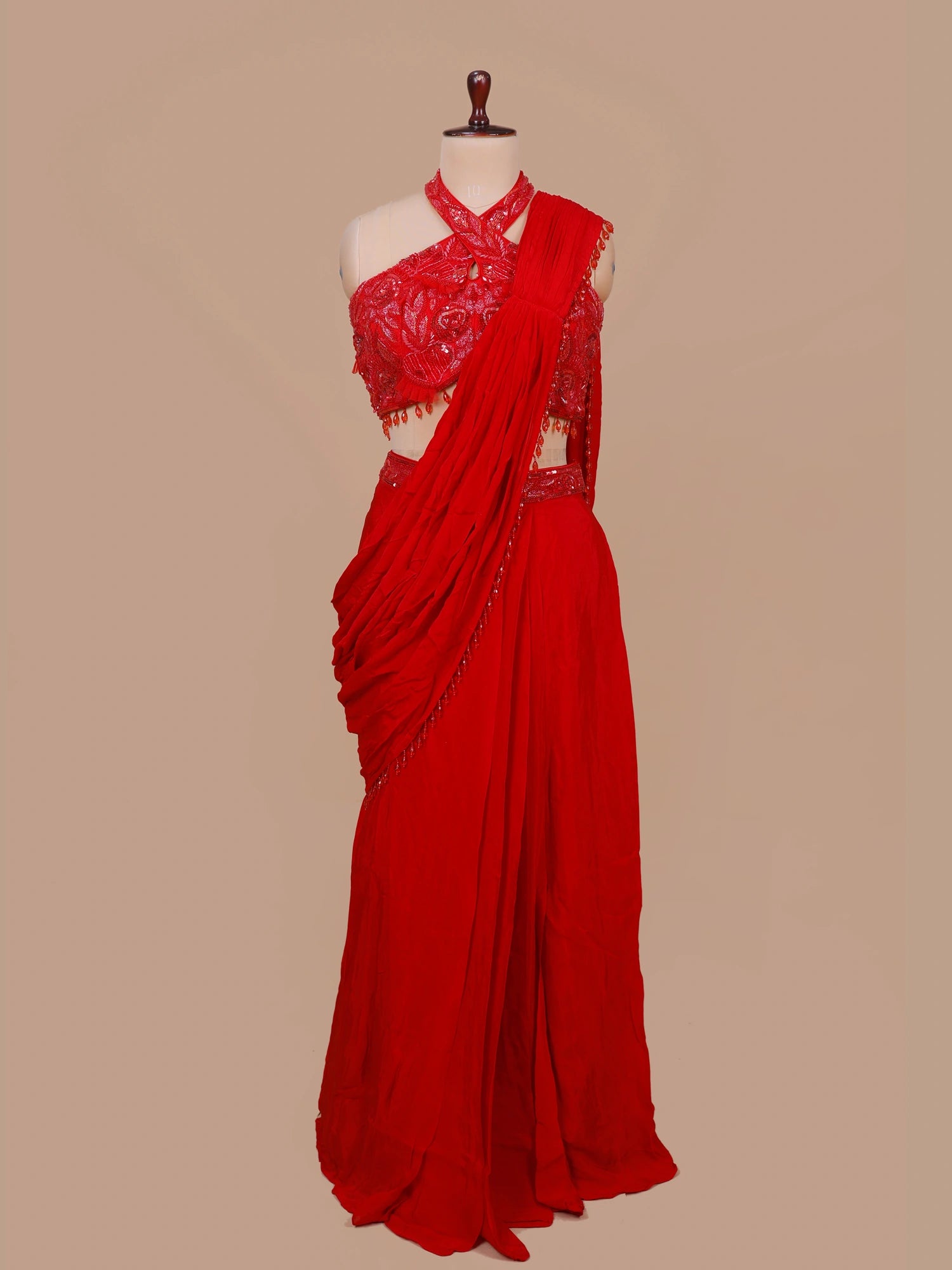 Red Party Wear Georgette Saree Cut Dana Sequins Design