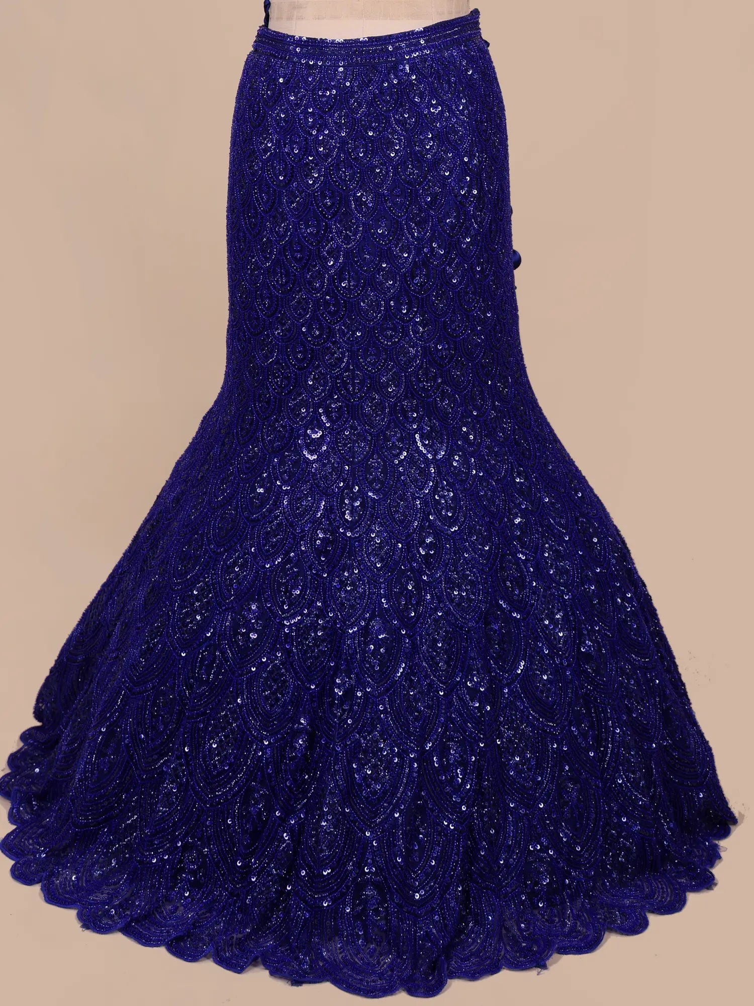 Latest Royal Blue Net Fishcut Lehenga Sequins Beads Work