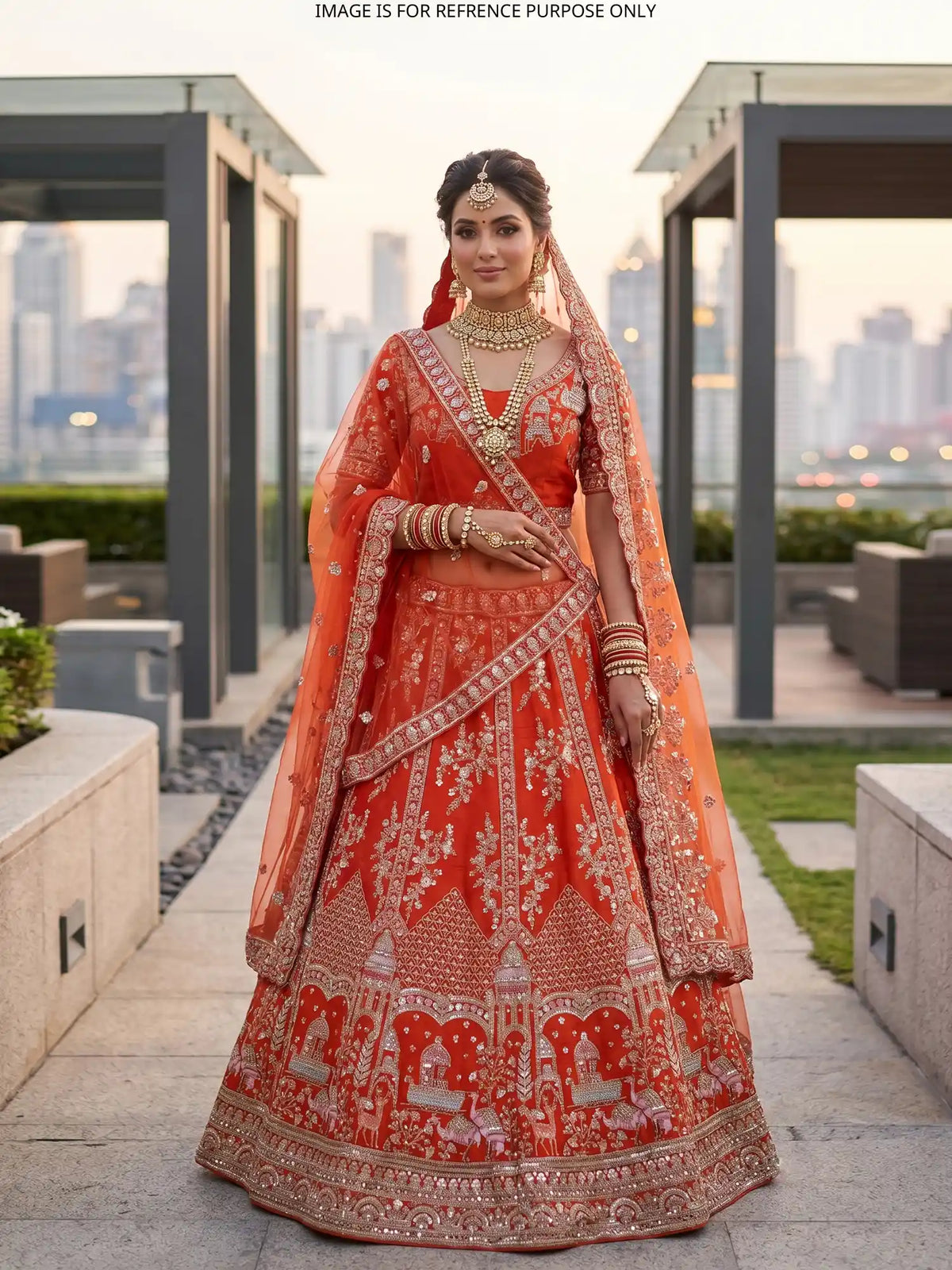 Luxury Rust Orange Bridal Lehenga with Domed Boats and Floral Embroidery