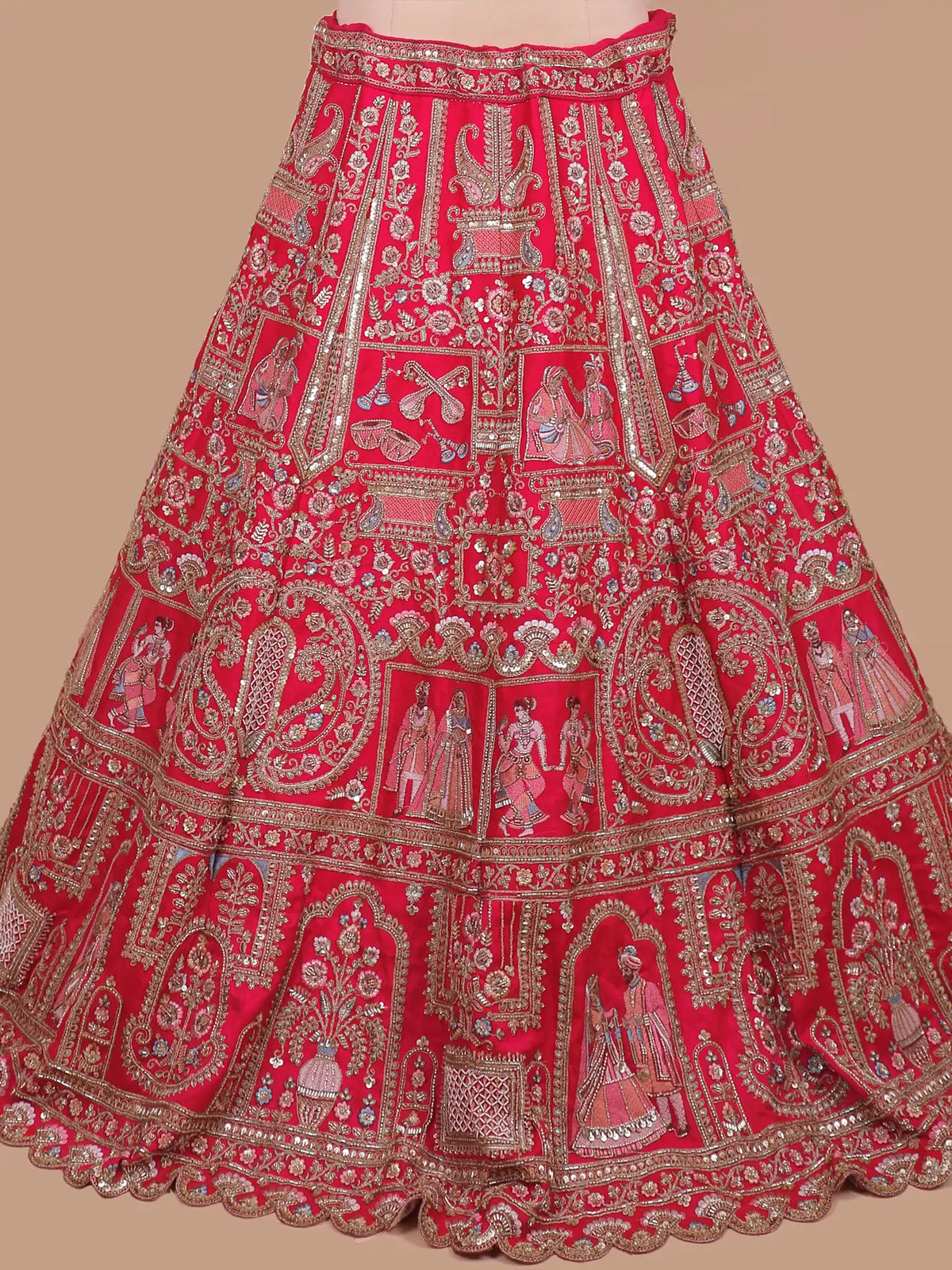 Designer Rani Pink Silk Bridal Lehenga with Royal Couple  and Palace Arch Embroidery