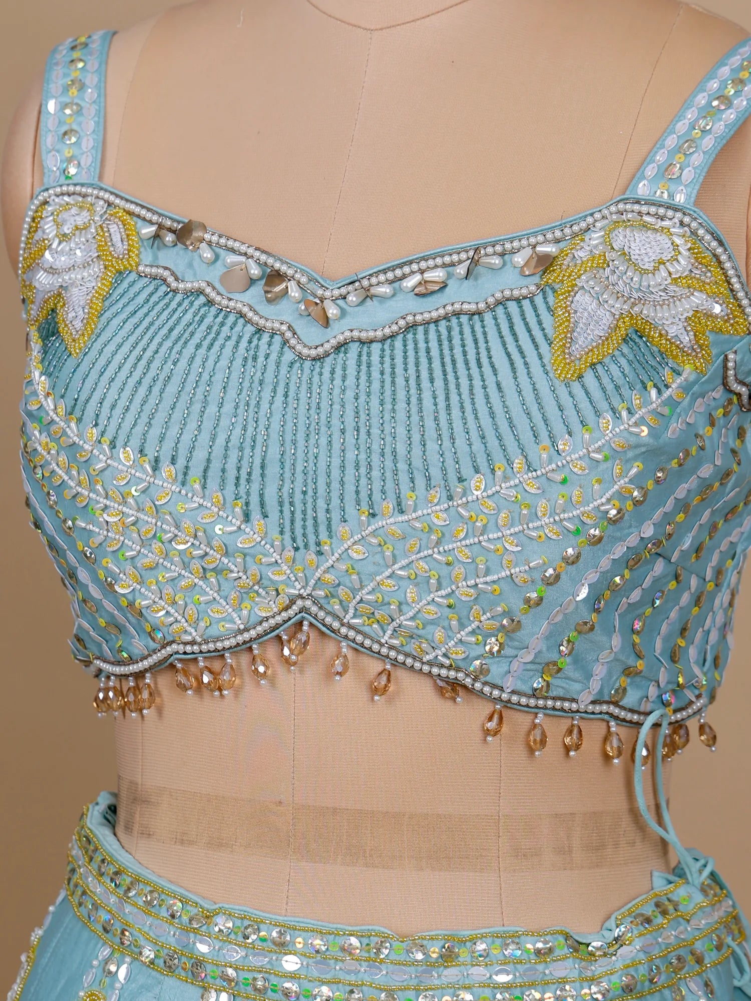 Trending Sky Blue Party Wear Raw Silk Pearl Work Lehenga Online