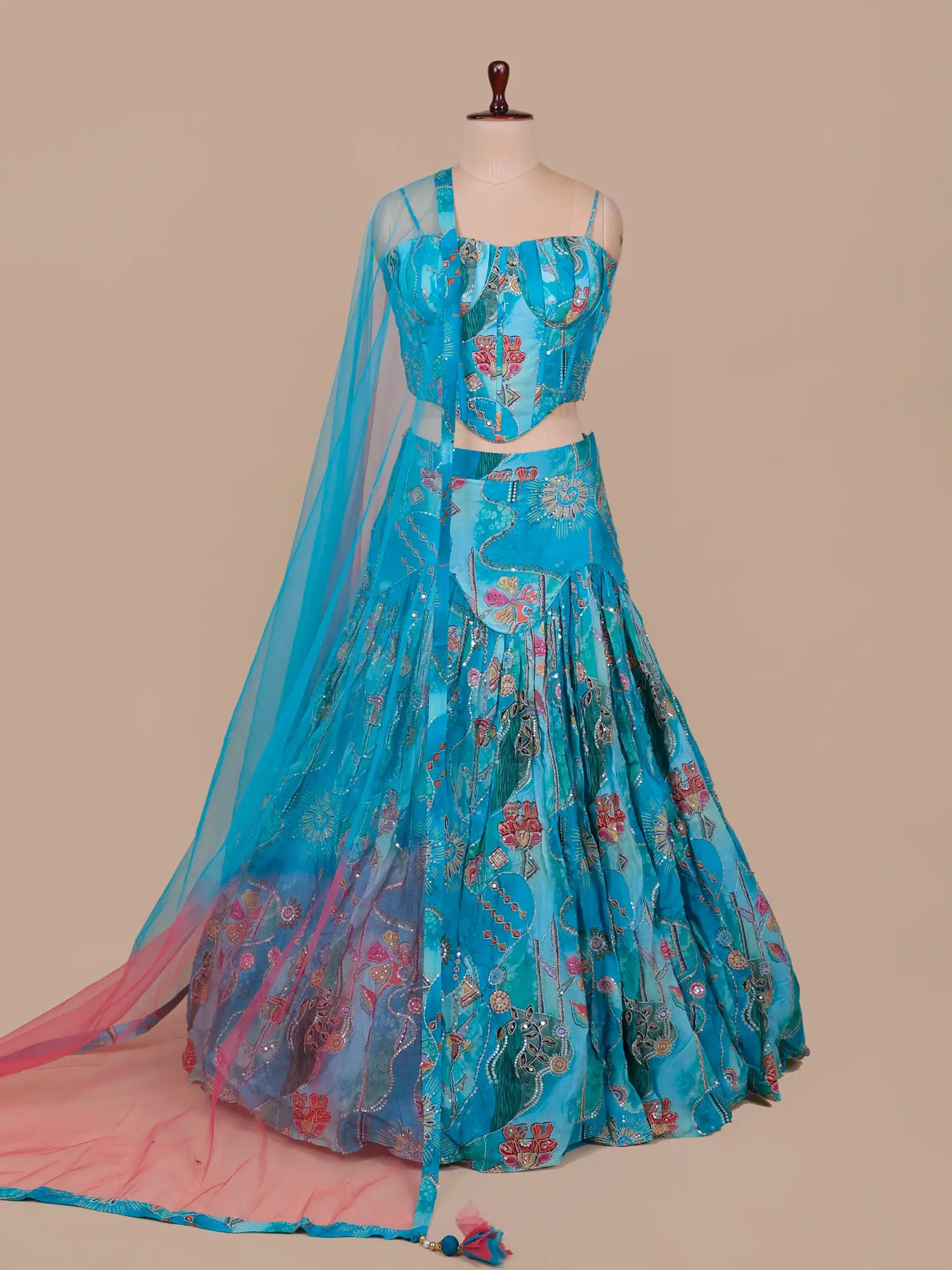 Designer Sky Blue Chinon Party Wear Lehenga With Sequins Work