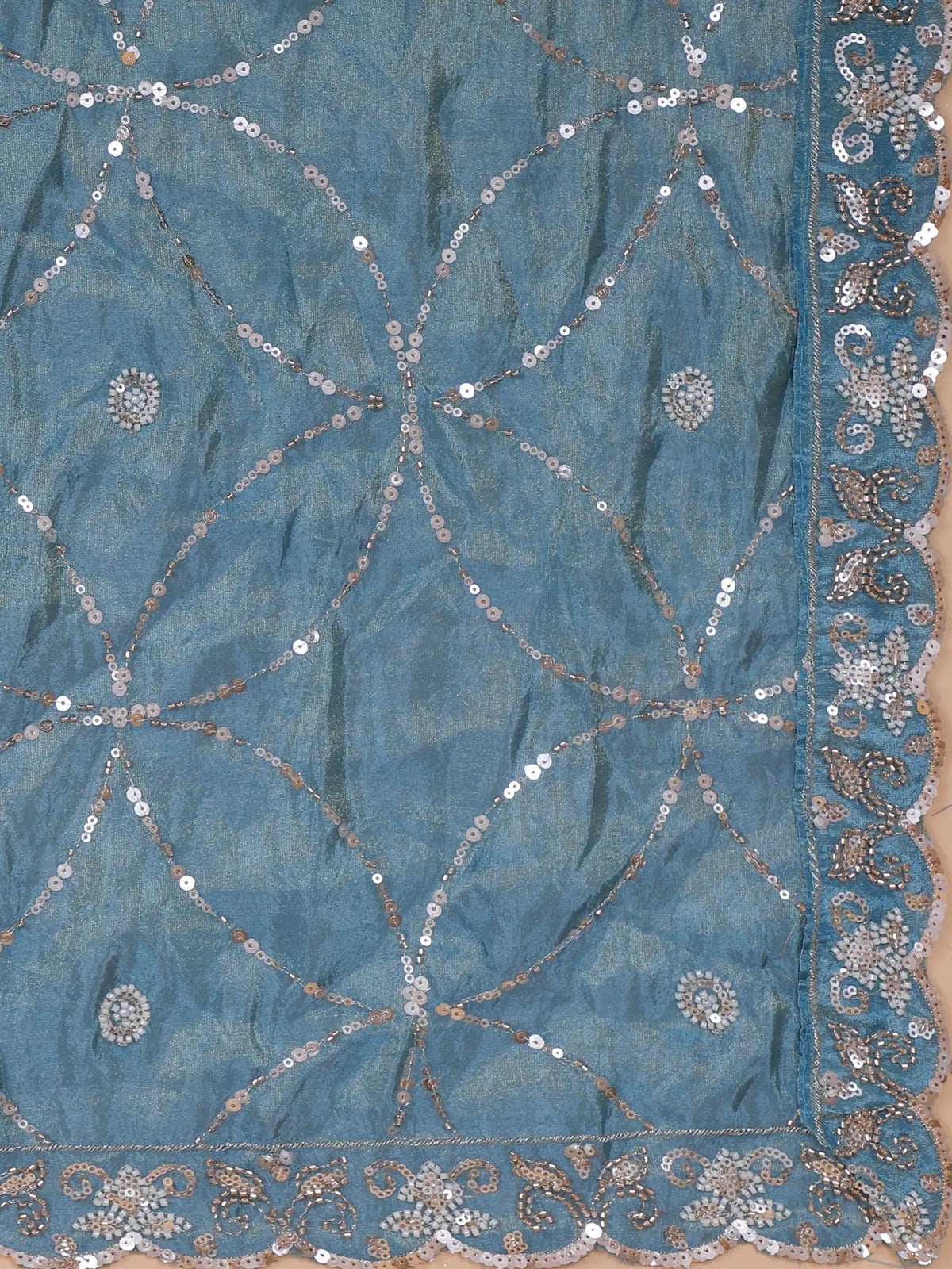 Dual Tone Silk Unstitched Lehenga Featuring Silver Floral Sequin Detailing