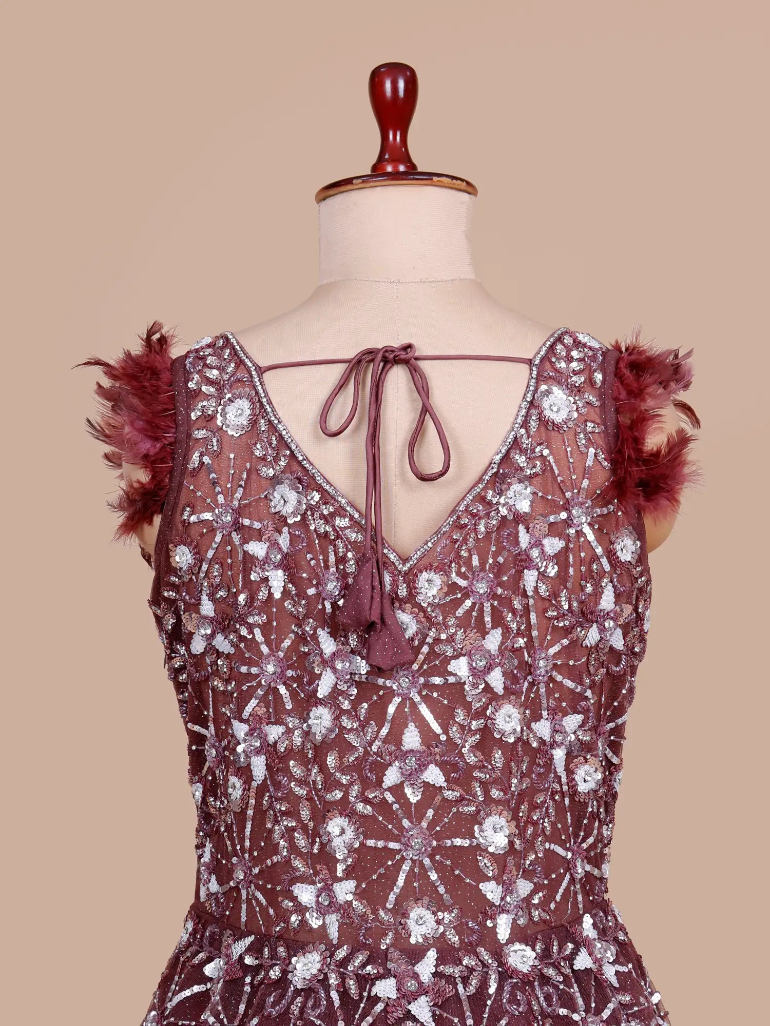 Luxury Maroon Long Couture Gown Accented By Feather And Diamond Work