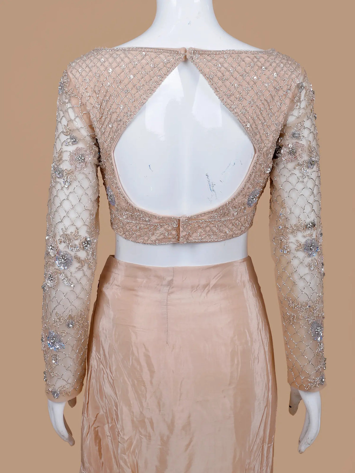 Blush Beige Chinon Pre Stitched Saree with Silver Embroidered Net Sleeves