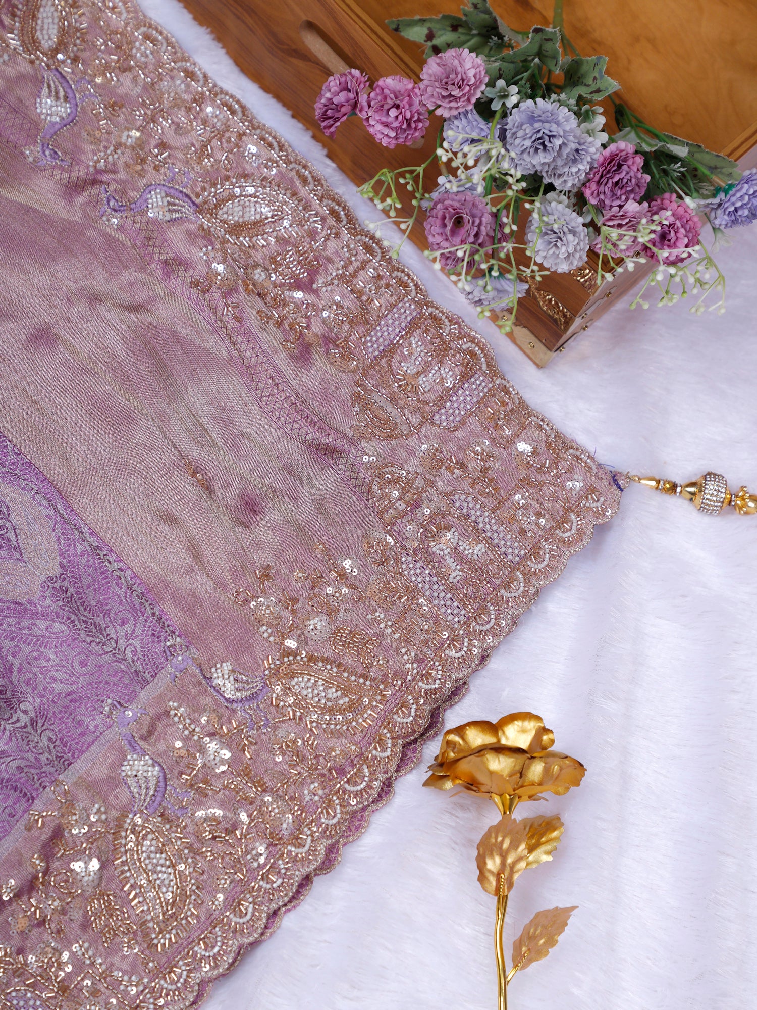 Berry Royale Purple Pink Silk Unstitched Saree with Artistic Handwork