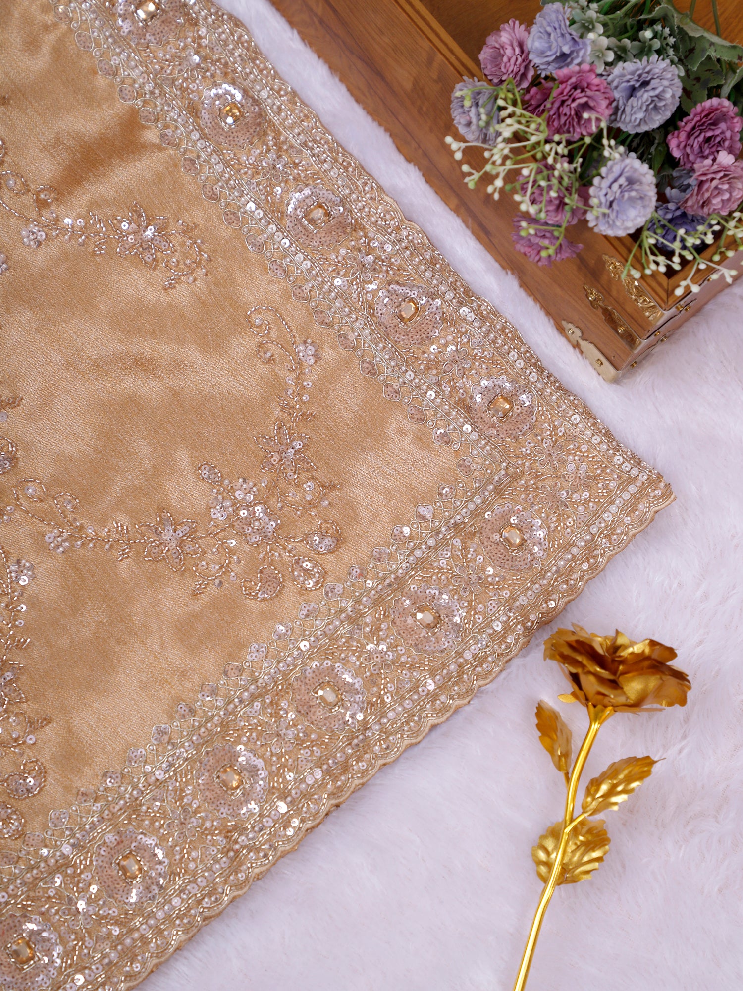 Light Orange Aafreen Glow Shimmer Silk Saree With Sequins &amp; Zardosi Artistry (Unstitched)