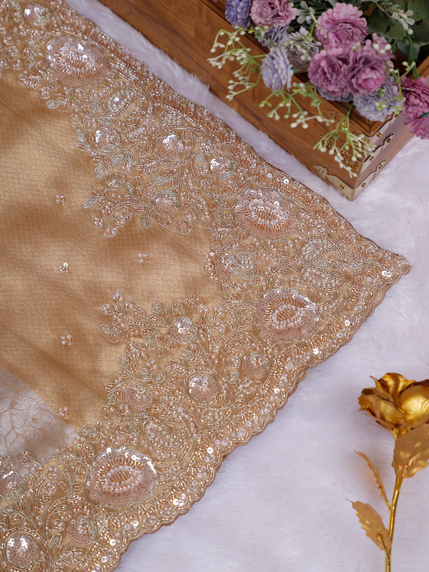 Beige Cream &amp; Light Gold Champagne Imperial Sheen Shimmer Silk Saree