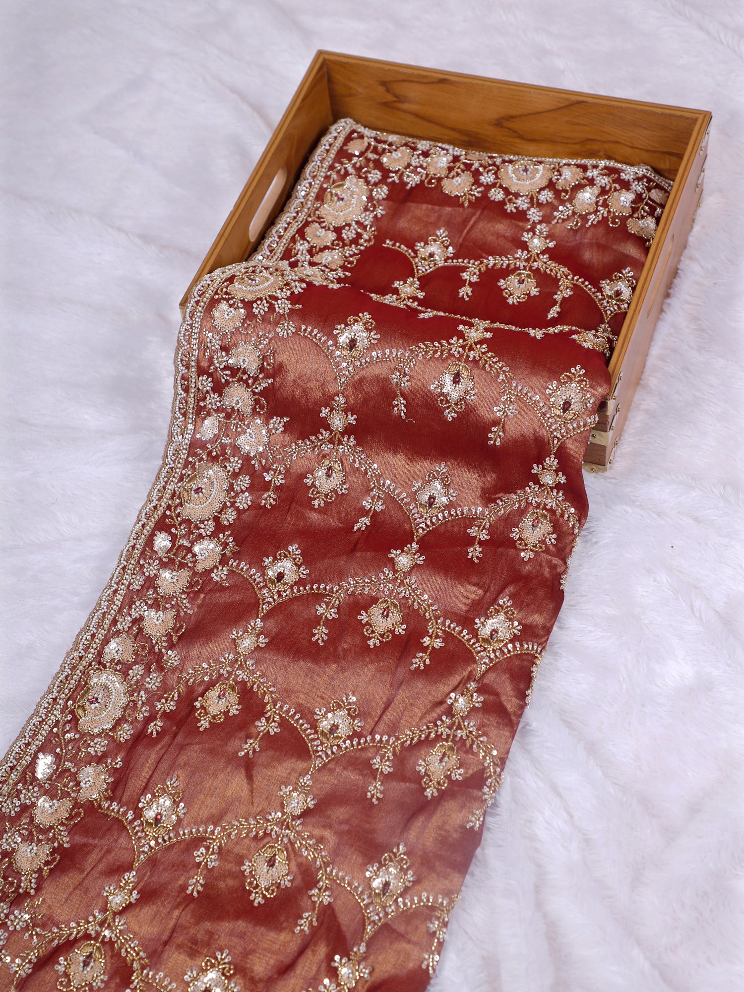 Burnt Orange Sunset Royale Beaded Handcrafted Shimmer Silk Saree