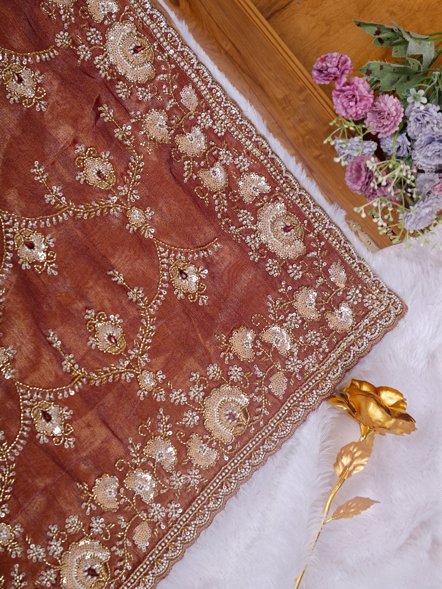 Burnt Orange Sunset Royale Beaded Handcrafted Shimmer Silk Saree