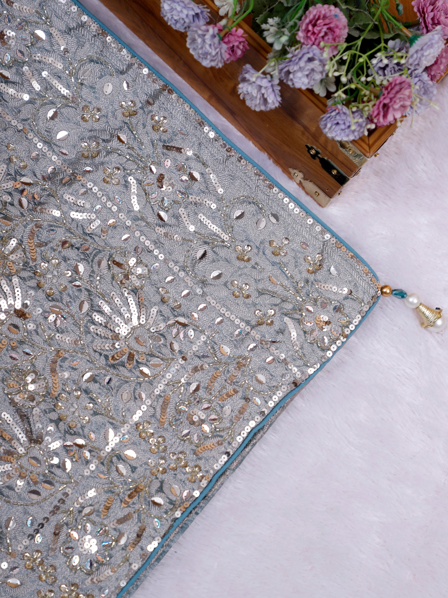 Peacock Blue Silver Noor-E-Sitara Tissue Silk Saree