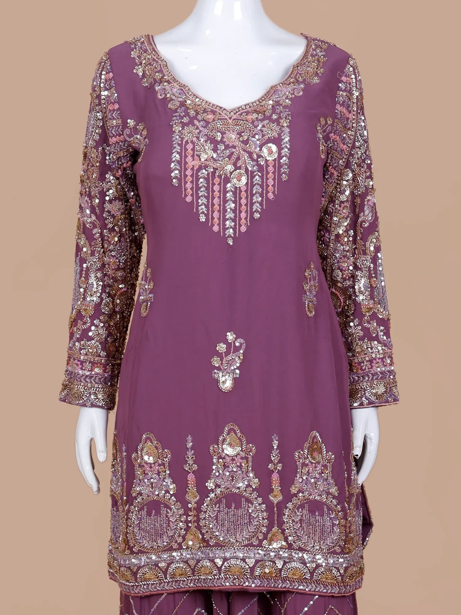 Modern Magenta Georgette Palazzo Suit With Traditional Bead Threadwork