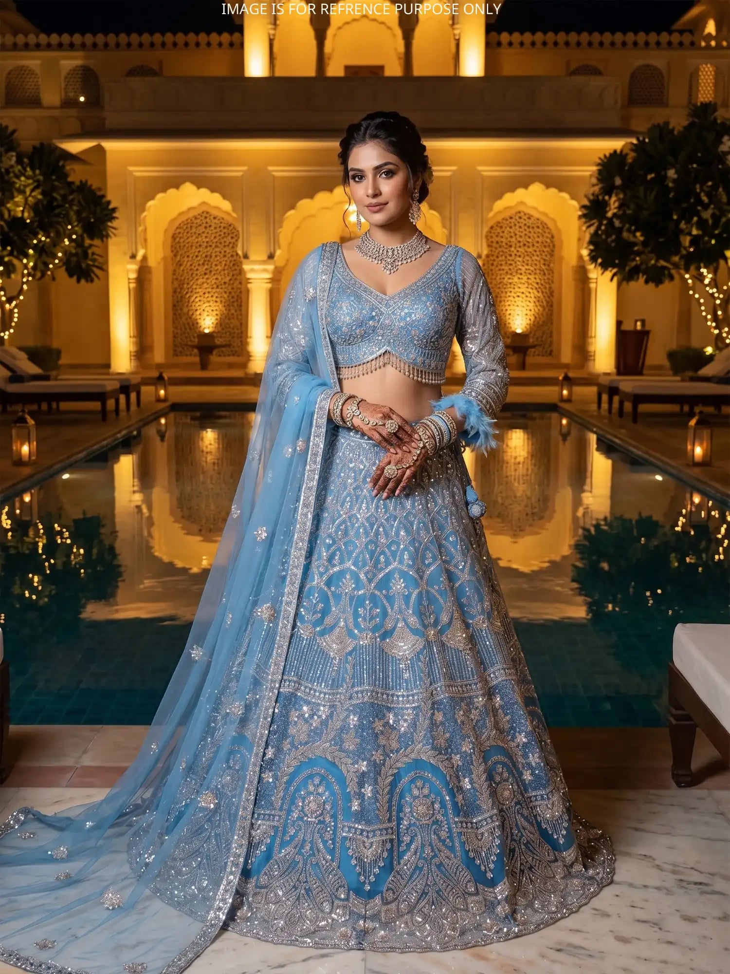Buy Iconic Sky Blue Designer Lehenga With Rich Feather Embroidery
