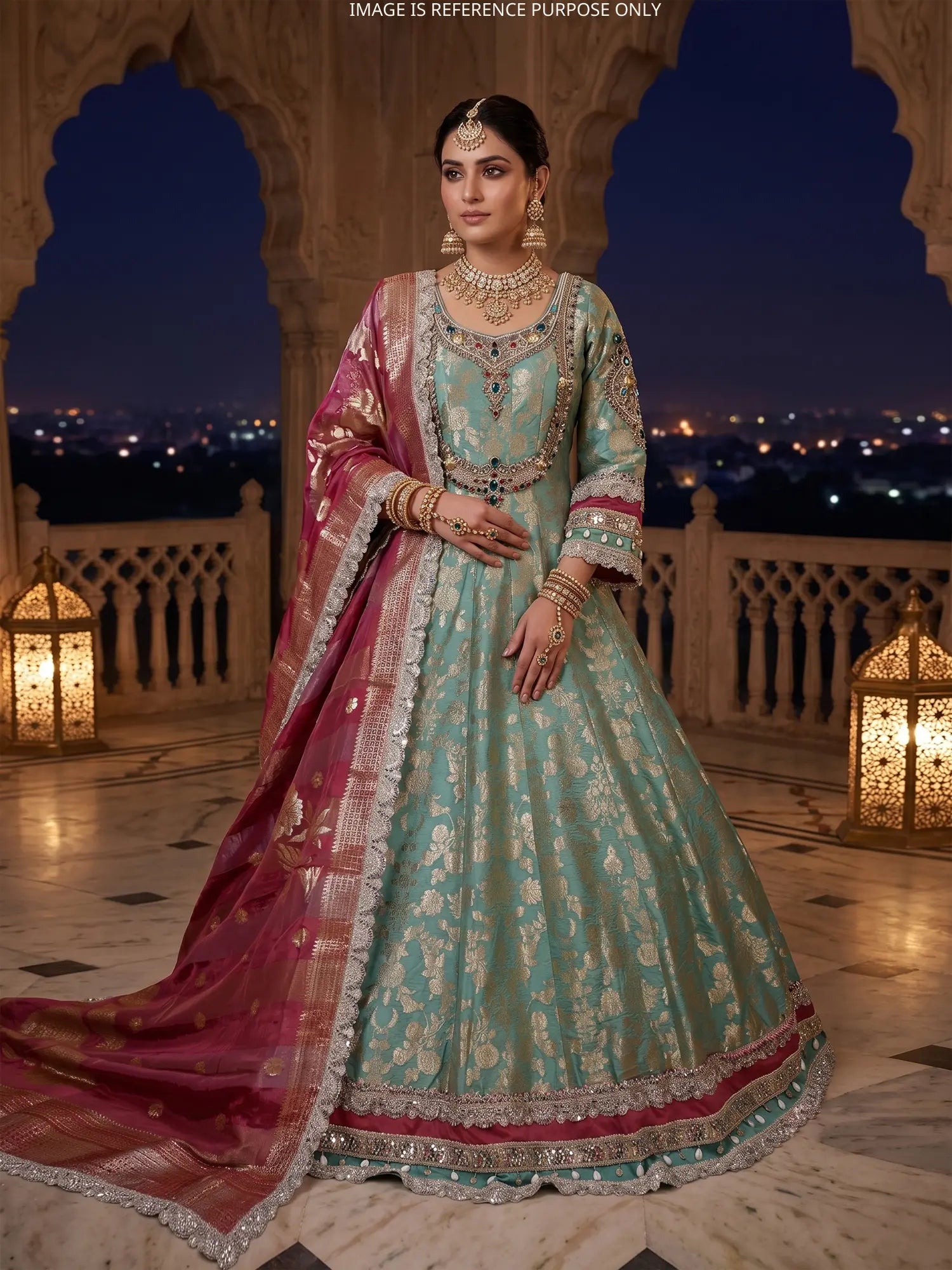 Magnificent Turquoise Blue Banarasi Silk Anarkali Gown Crafted for Grand Occasions