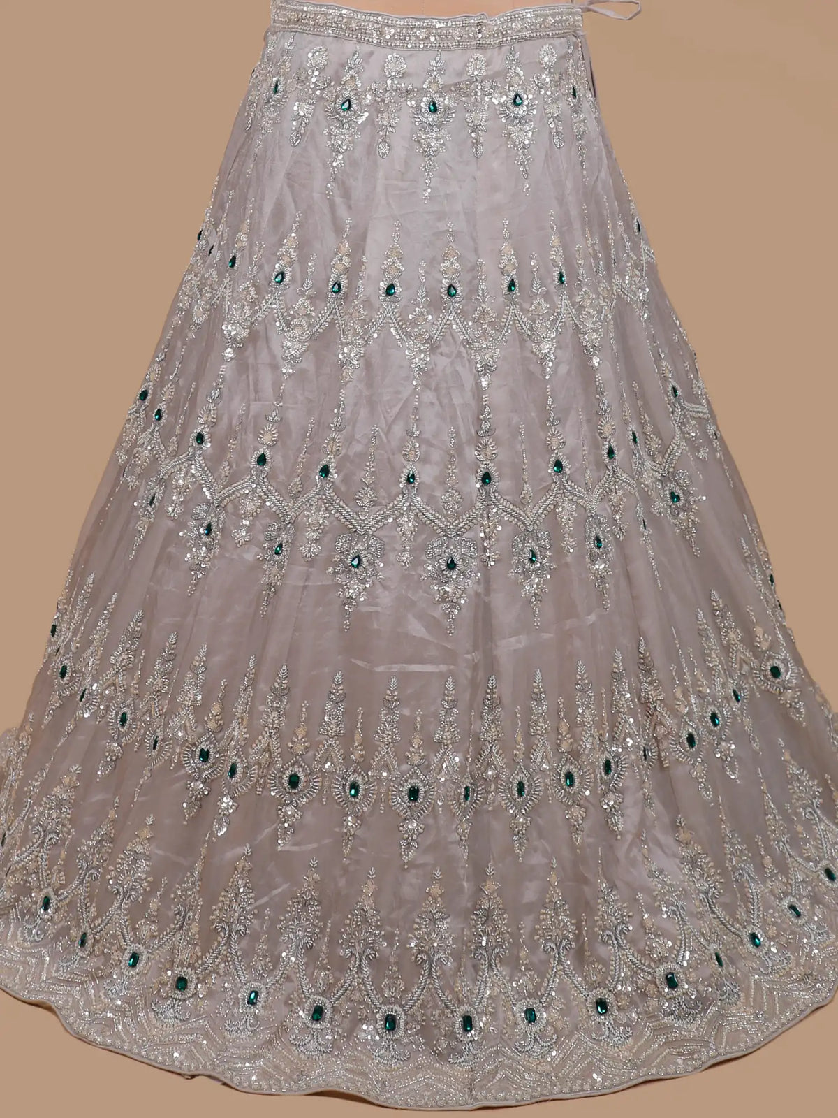 Buy Majestic Light Grey Designer Lehenga Online with Green Stone Highlights